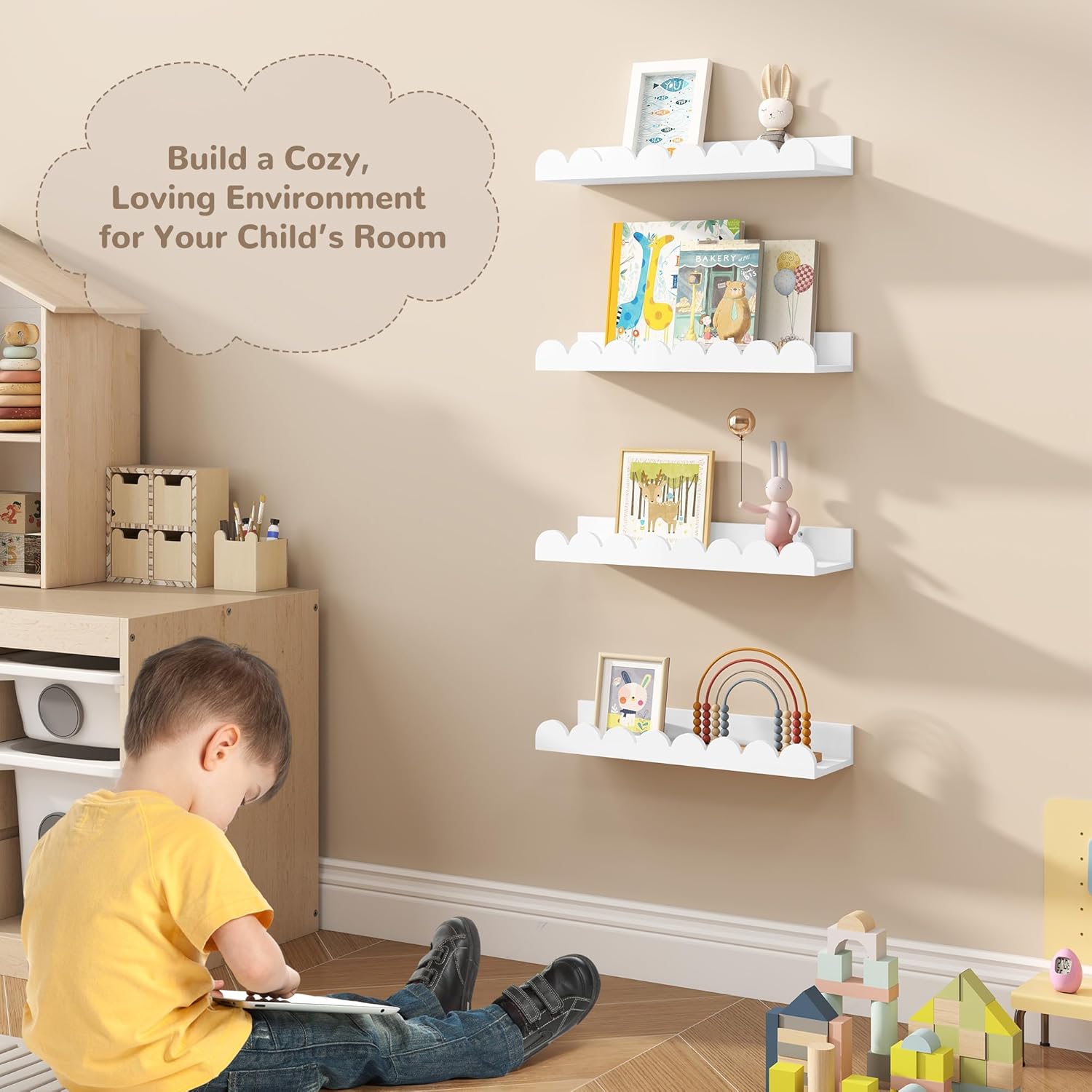 Fun Memories 16 Inch White Picture Ledge Shelf, Scalloped Nursery Book Shelves for Wall, Set of 4, Kids Room, Toddler Room Floating Shelves
