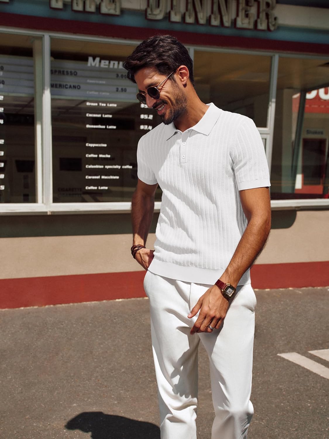 PJ PAUL JONES Mens Knit Polo Shirt Short Sleeve Textured Polo Shirts Casual Summer Collared Polo T Shirt White Medium image 2 of 4 B0DPBYHGJD