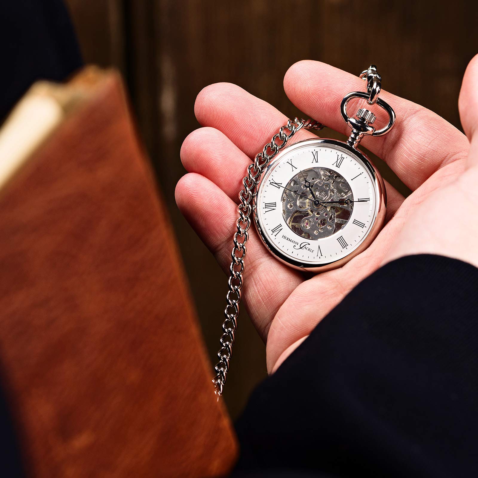 Hermann Jäckle Limburg Skelett Taschenuhr Mineralglas Handaufzug Kette & Reiseetui 41 mm