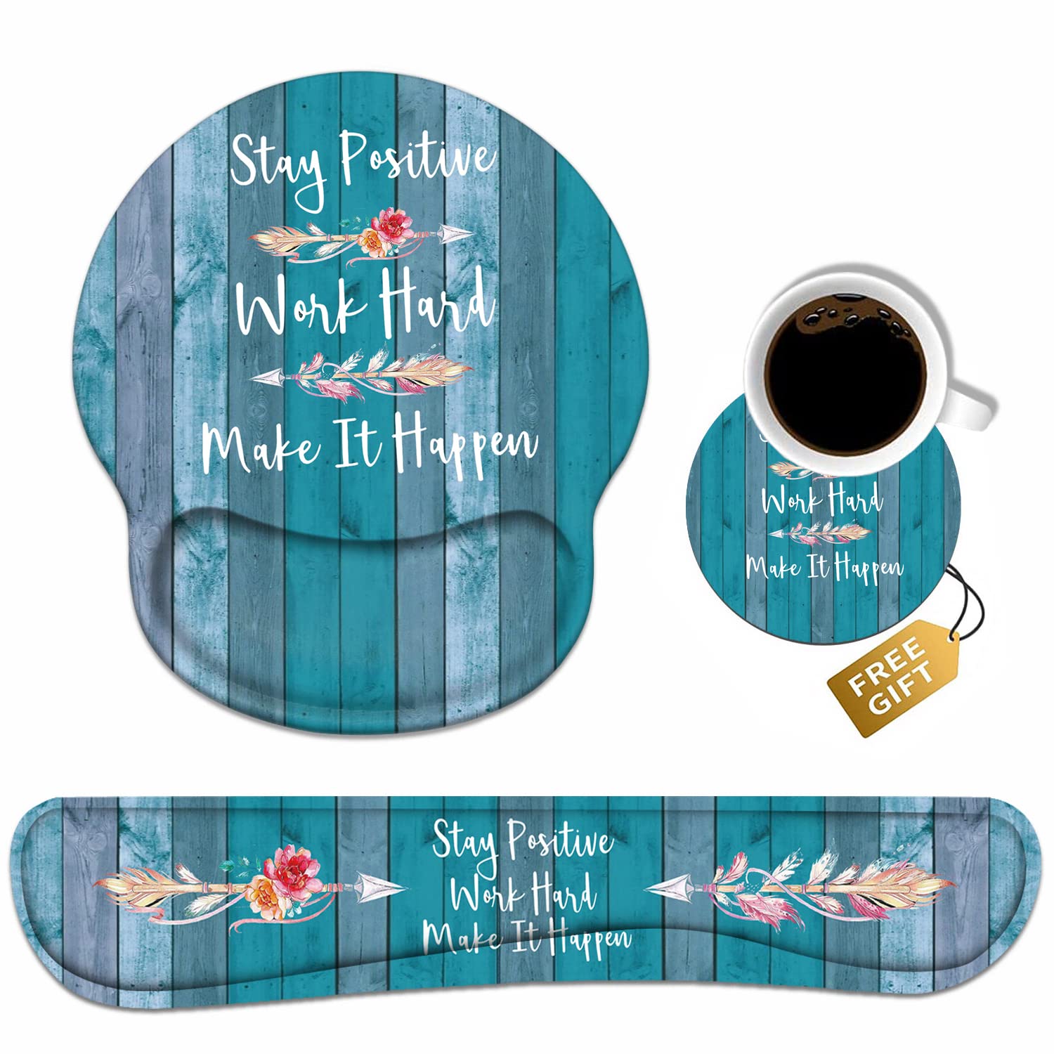 Keyboard Wrist Rest and Mouse Pad Wrist Support Set, Stay Positive Work Hard and Make It