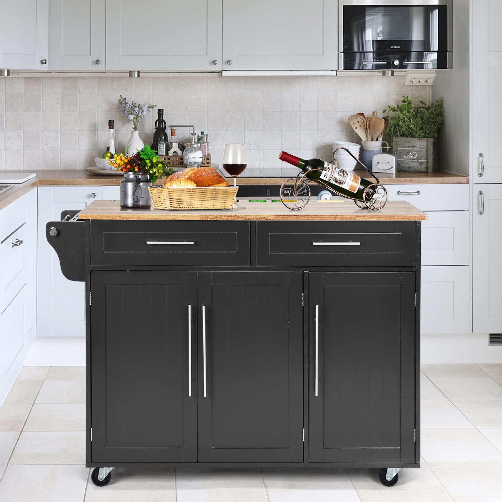 COSTWAY Desserte de Cuisine à roulettes, Chariot de Service Imperméable avec 2 Tiroirs, Étagères Réglables, Porte-Serviettes, Couteau, 3 Portes, Poignée Inoxydable, 46 x 122 x 93 cm, Noir