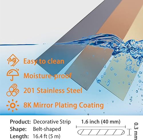 Miniatura 5 de Gaahing Molduras y adornos de pared  Acabado dorado metalizado similar a un espejo, diseño de despegar y pegar, 16.4 pies x 1.6 pulgadas acero