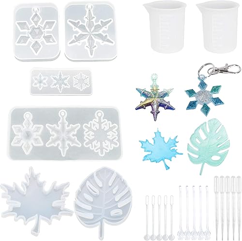 Woohome Juego de 18 piezas de resina de silicona de copo de nieve, 6 piezas de copos de nieve de hoja de arce molde de fundición de resina para