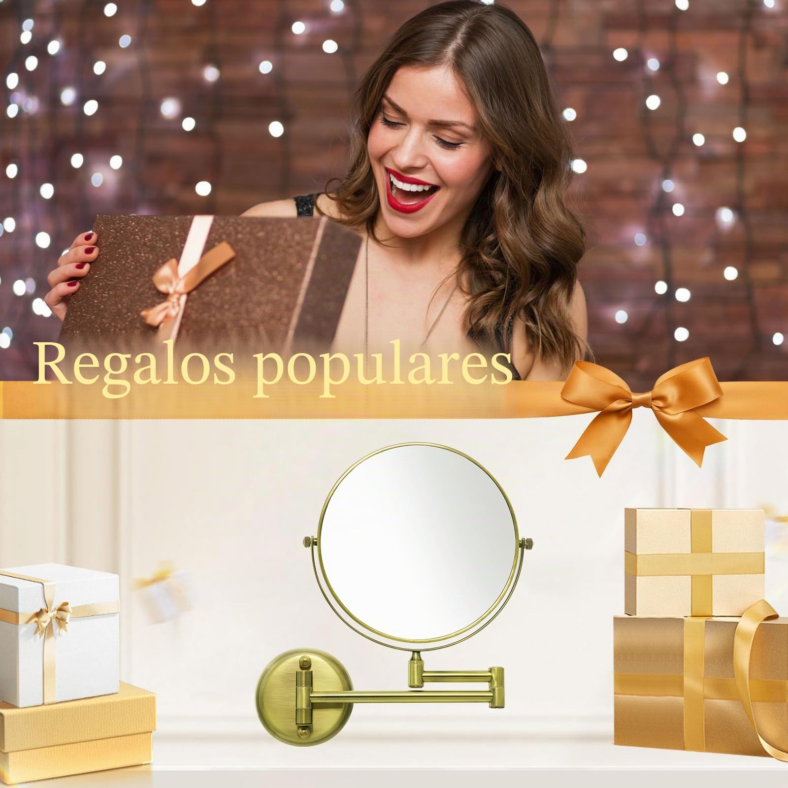 Nicesail Espejo Maquillaje Pared Oro Cepillado Espejo de Aumento x10 Espejos Extensible Baño,Diámetro 20 cm