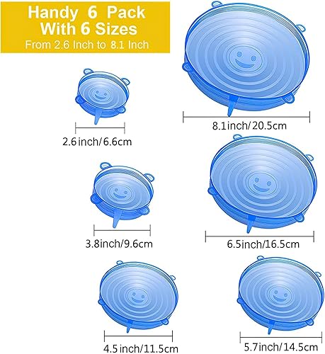 Tapas elásticas de silicona, paquete de 6 fundas reutilizables para alimentos en 6 tamaños (18.5/16/14.5/11.5/9.5/2.4 in), tapas de tazón herméticas