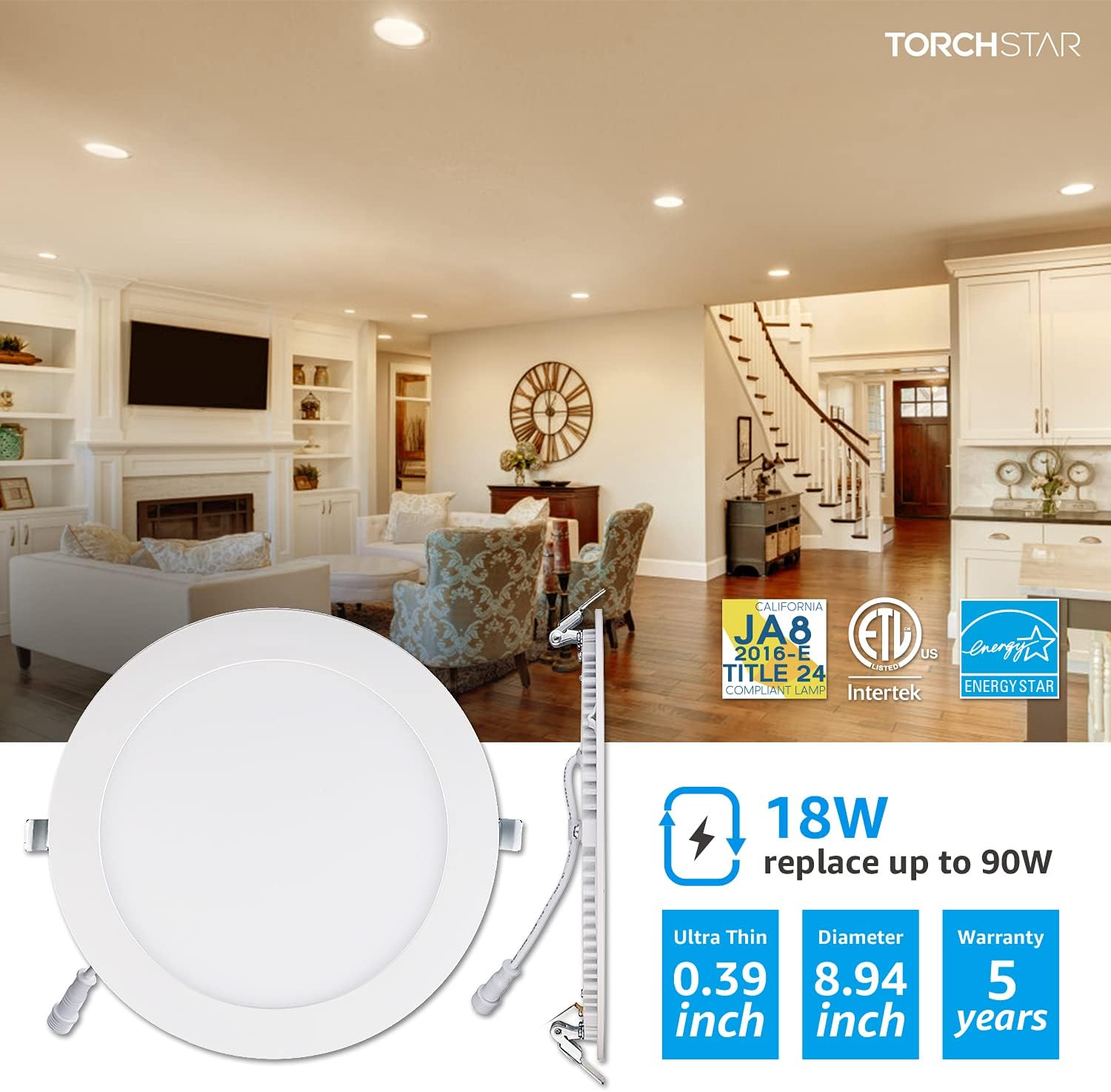 Exclusive Discount 50% Price TORCHSTAR 8 Inch LED Recessed Lighting with J-Box E-Star Series, Slim Panel Downlight Dimmable, 18W CRI90+, 3000K Warm White, ETL & Energy Star Listed, Pack of 6