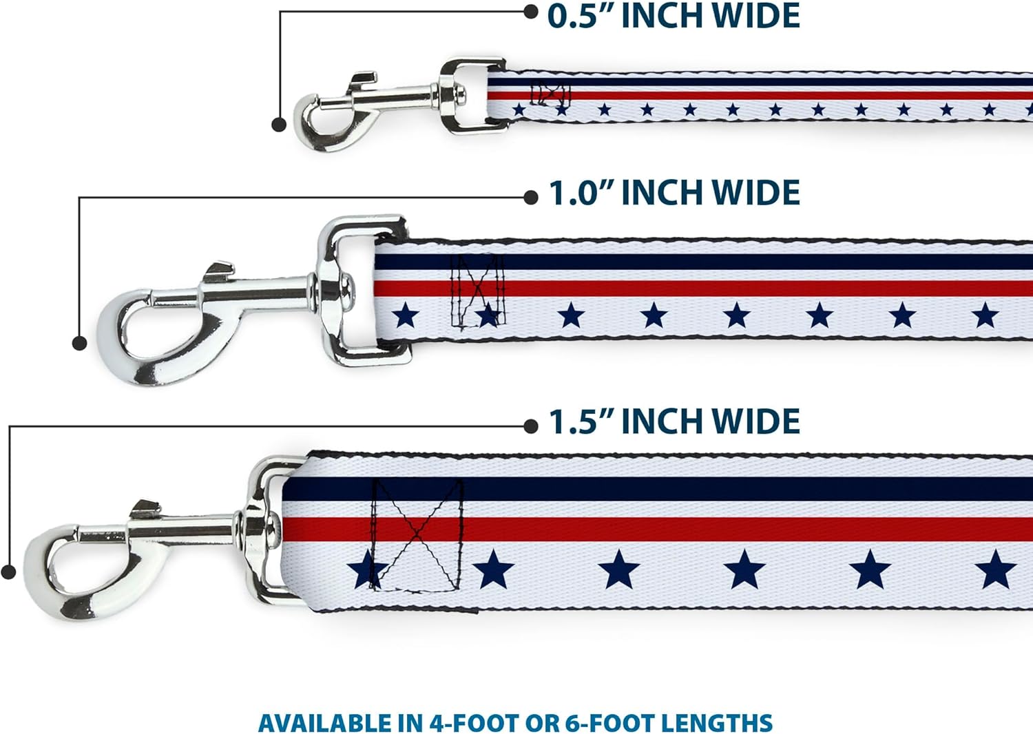 Dog Leash Americana Stars Stripes5 White Blue Red 6 Feet Long 1.0 Inch Wide