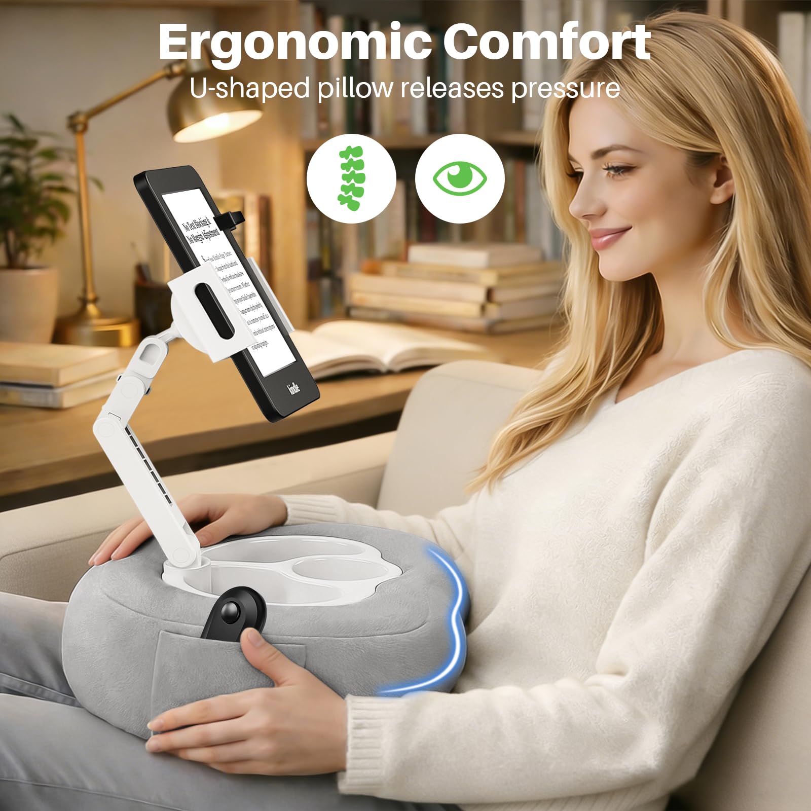 Grauer Kindle-Kissenständer mit schwarzer Fernbedienung, verstellbarer Kindle-Halter für Bett, Sofa, 2-in-1-Ständer und Seitenwender für Kindle/Tablet, weicher Plüsch zum Lesen im Bett