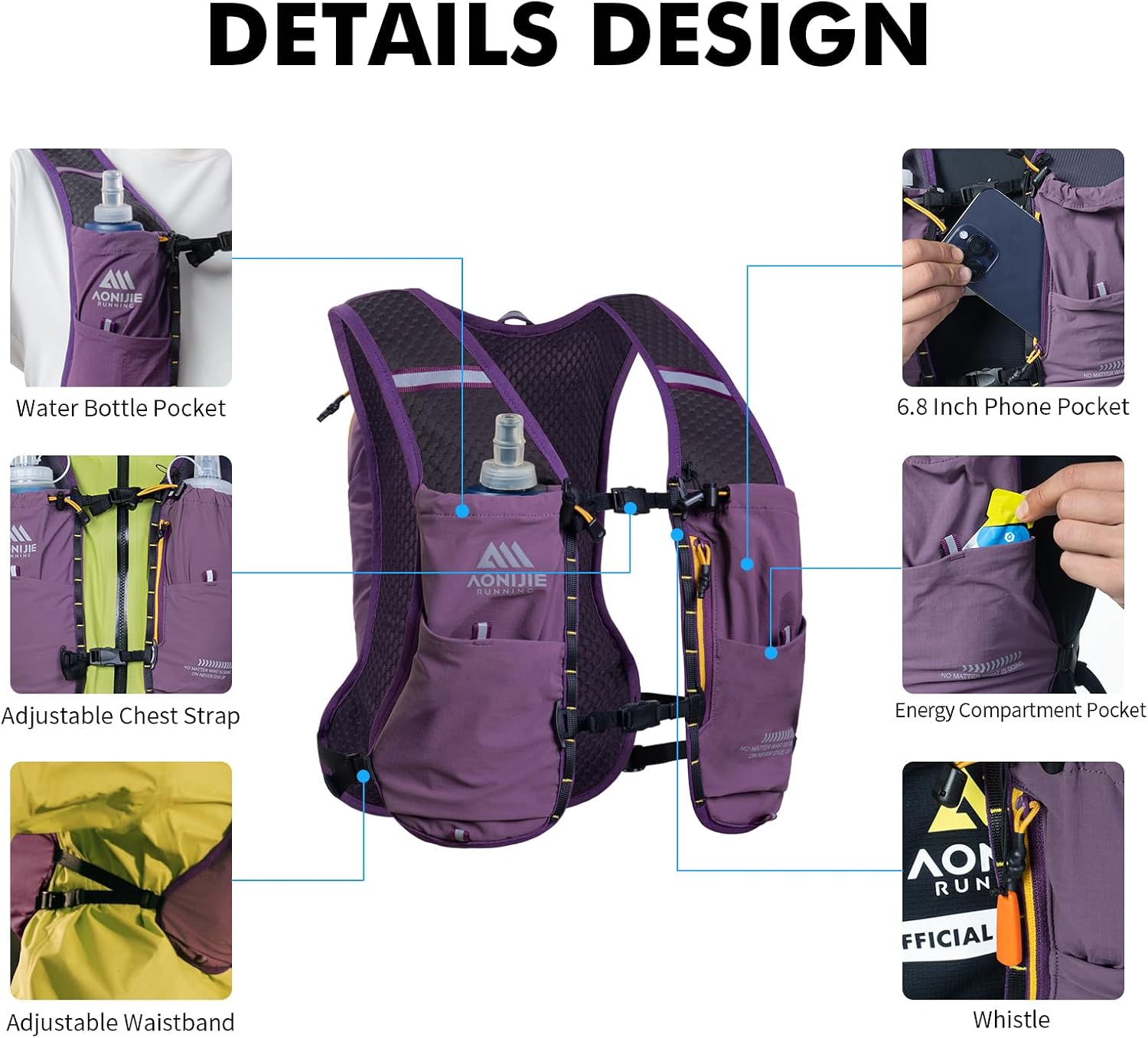 AONIJIE Running Hydration Vest for Men & Women, 8L Hydration Backpack with 500ml Soft Flask Water Bottle