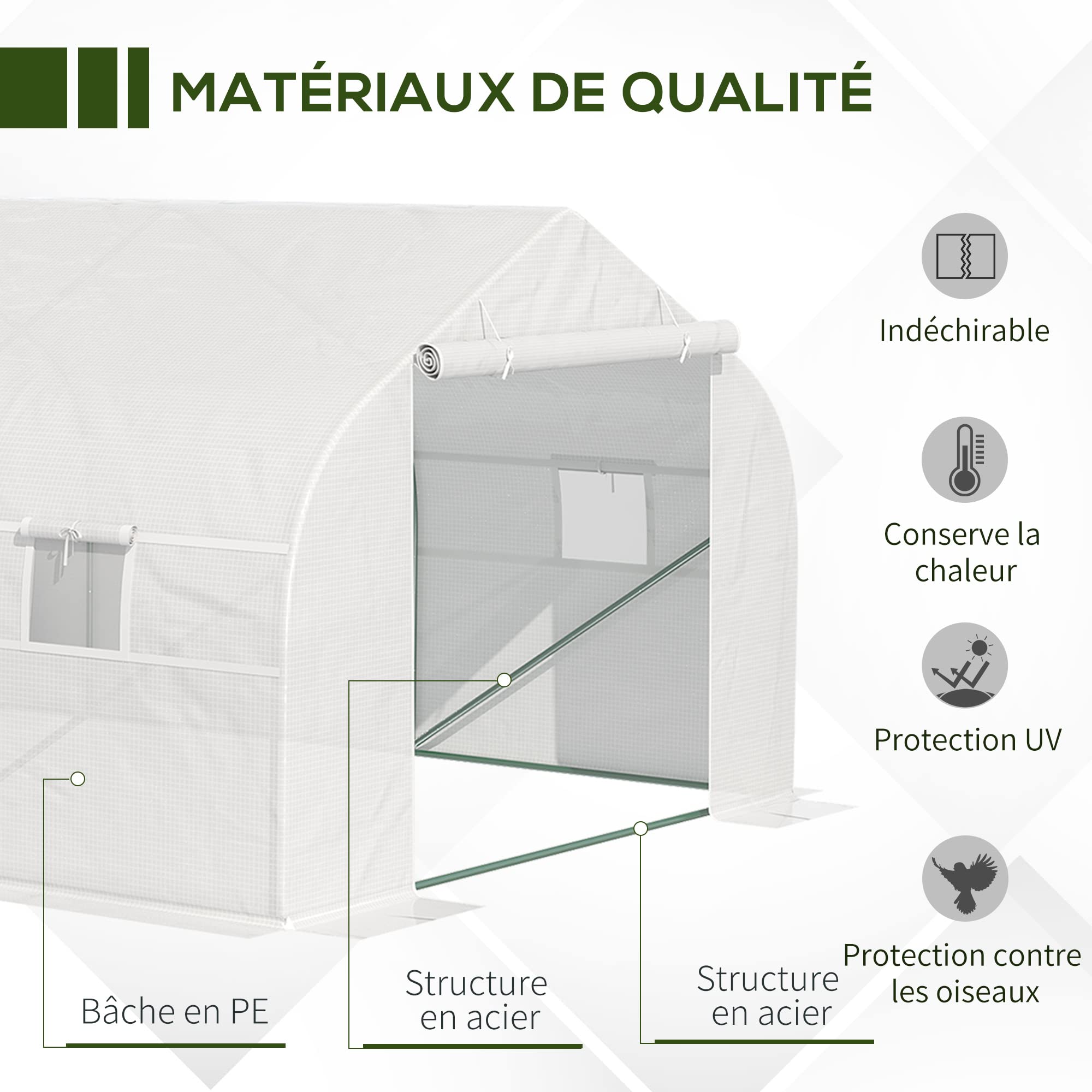 Outsunny Serre Tunnel de Jardin 18 m² dim. 5,95L x 3l x 2H m Porte + 8 fenêtres enroulables Acier galvanisé bâche PE Haute densité Blanc
