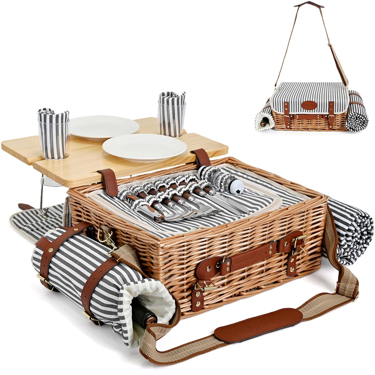 Multifunctional Wicker Picnic Basket Set for 2 with Blanket and Picnic Table, Insulated Picnic Set with Full Tablewares for Camping Outdoor Couples, Stripes