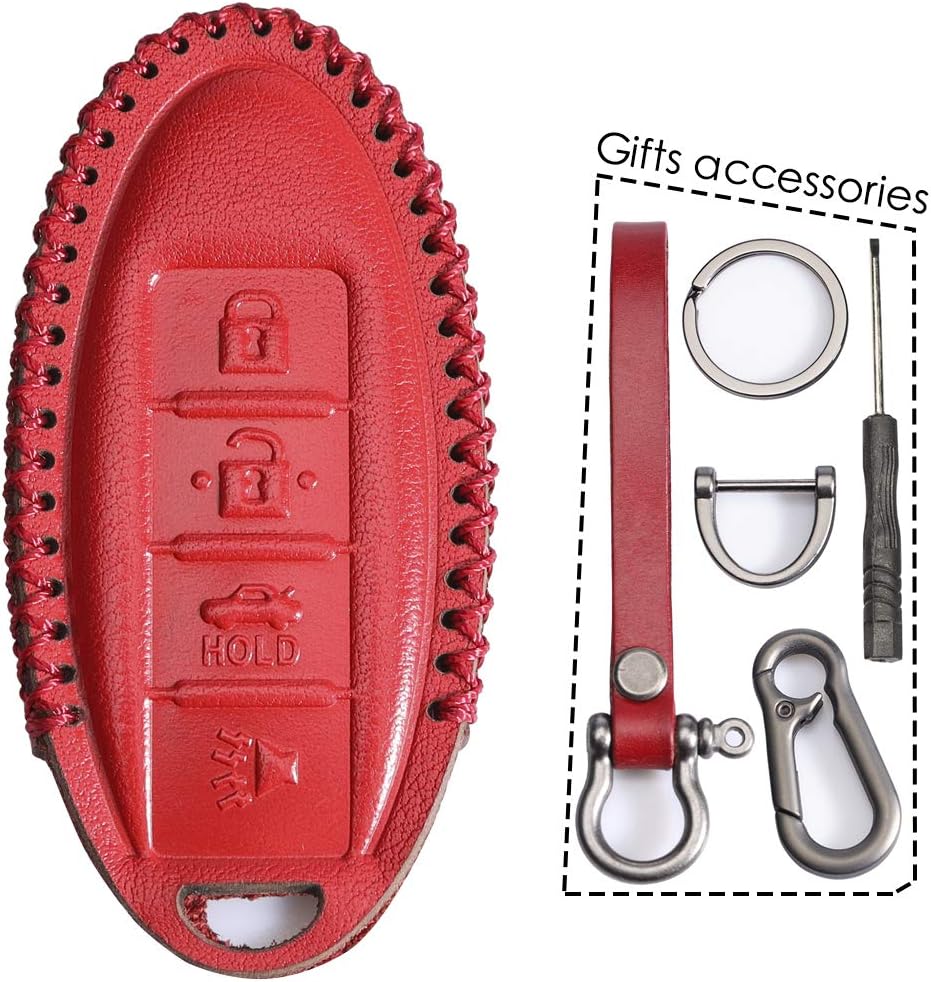 Lcyam Leather Key Fob Cover Red with Metal Keychain Weave Holder Fits for Infiniti Qx80 Nissan Auto Sentra Patrol Altima Armada Maxima Rogue Smart Remote Key 4 Button
