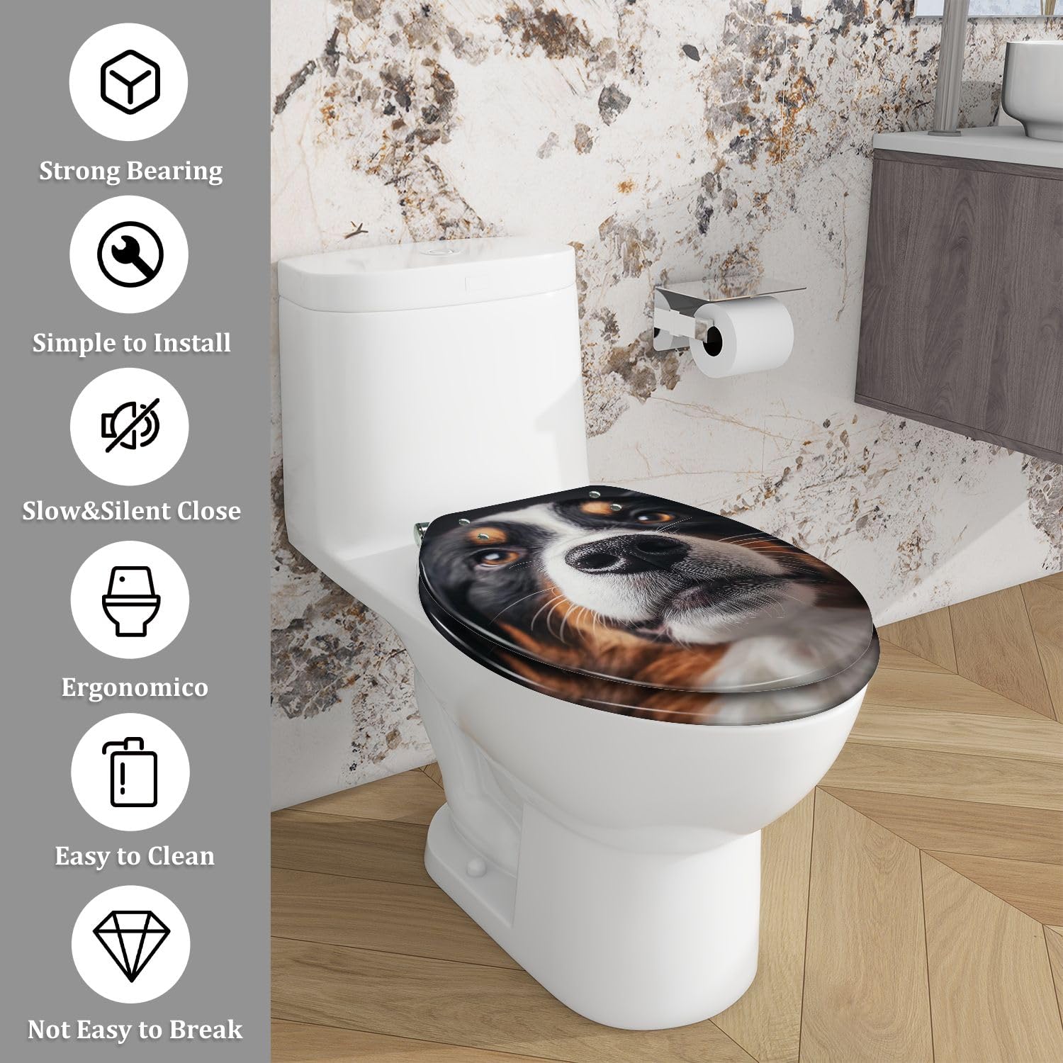 Asiento de inodoro alargado genérico con cierre suave para baño.