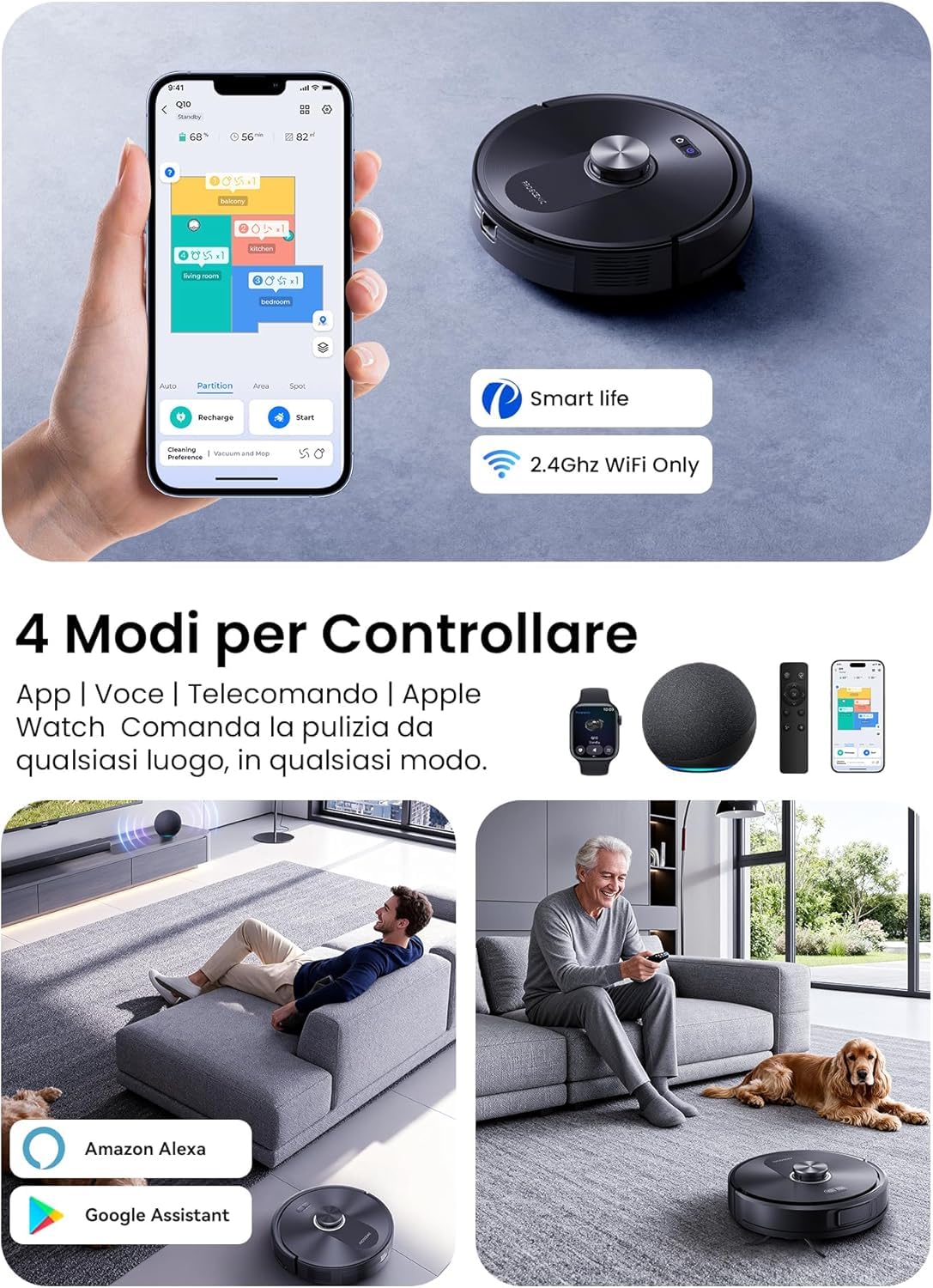Proscenic Q10 Robot Aspirapolvere Lavapavimenti con Mappatura, Robot Pavimenti 10000Pa 200min, LiDAR Intelligente, Controllo APP/Alexa/WiFi/Siri/IFTTT, Ideale per Pulizia Domestica/Peli Animali