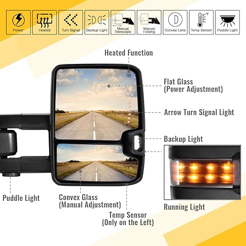 Miniatura 3 de Espejos de remolque para Dodge Ram 1500 2009-2018, Ram 2500 3500 2010-2018, Dodge 1500 Classic 2019-2024 con función de vidrio eléctrico,