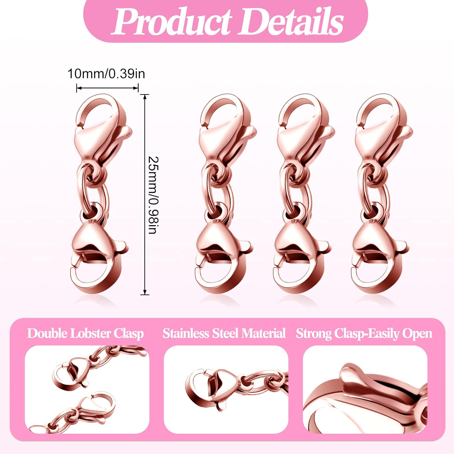 MTLEE Double Lobster Clasp Extender Double Claw Connector Bracelet Extension Clasp Small Bracelet Necklace Shortener for DIY Jewelry Making(0.98 Inch,Rose Gold) - Image 2