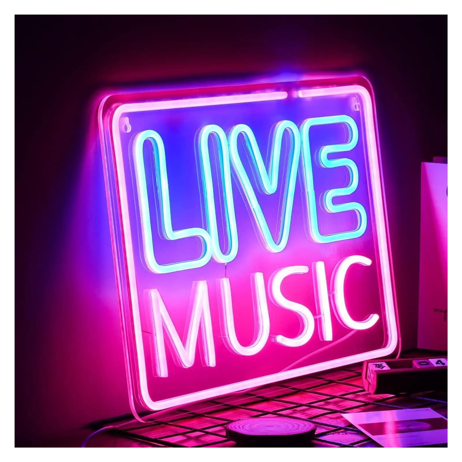 Luci al Neon Da Parete Insegna Al Neon "Live Music"Con Scritta Rosa E Blu, Decorazione Da Parete A LED Per Camera Da Letto, Sala Giochi, Club Musicale, Bar, Studio, Feste,32x40cm