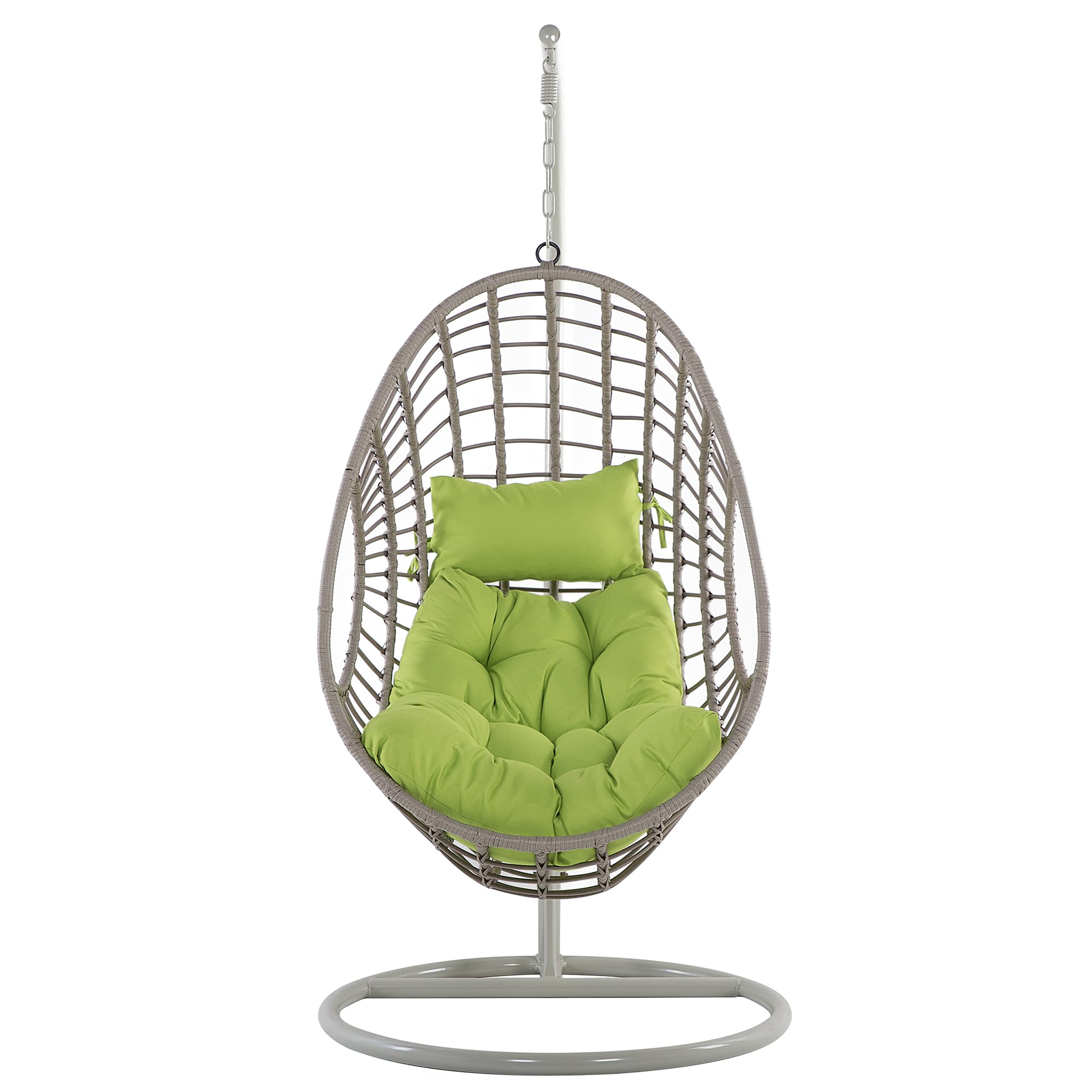 Polyrattan Hängesessel mit Gestell Stahl beige Eiform Kissen grün Boho Arpino
