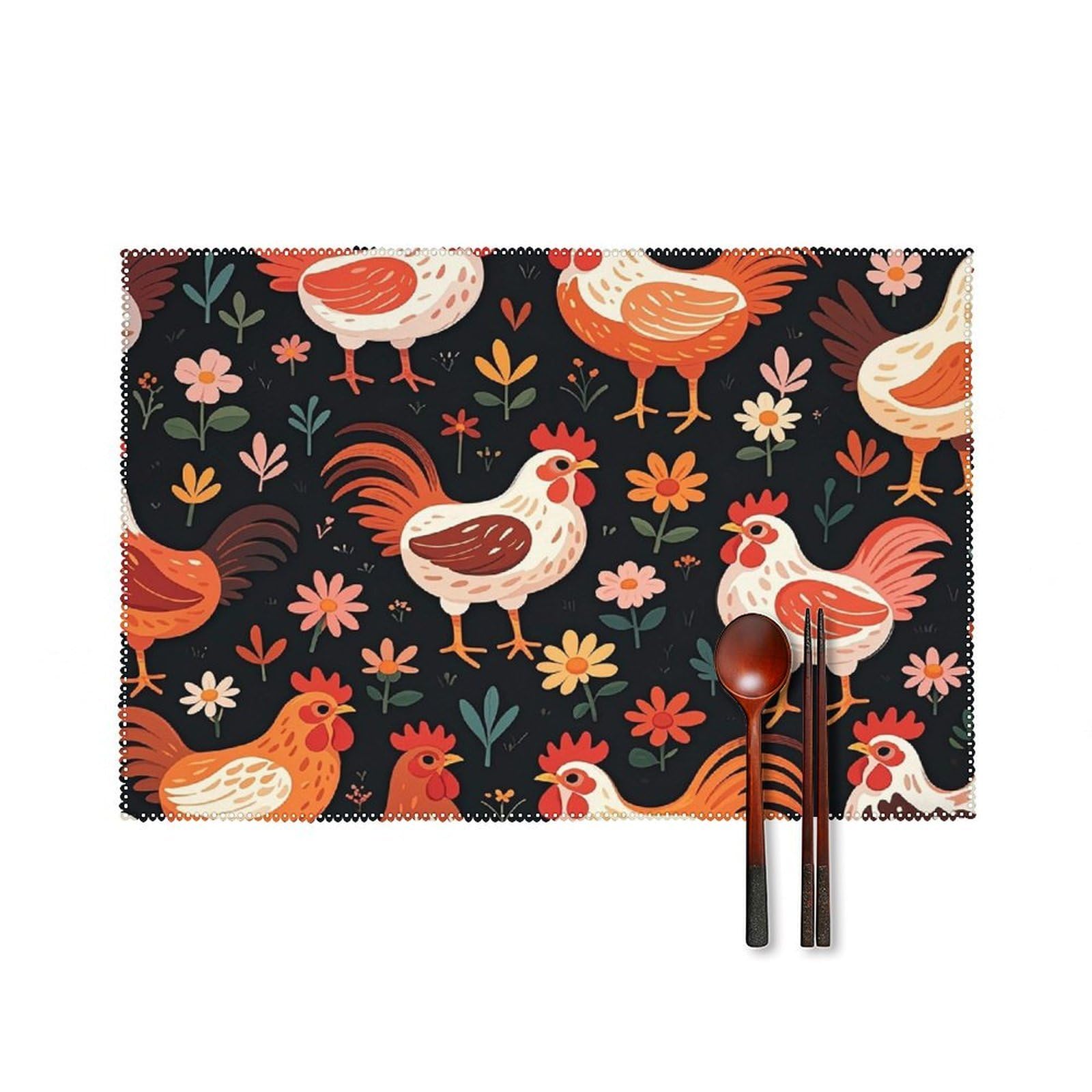 Cute Rooster Chickens Placemats Set of 4 Heat Resistant Non-Slip Place Mats Wipeable Easy to Clean Table Mats for Kitchen Dining Party Outdoor Placemats
