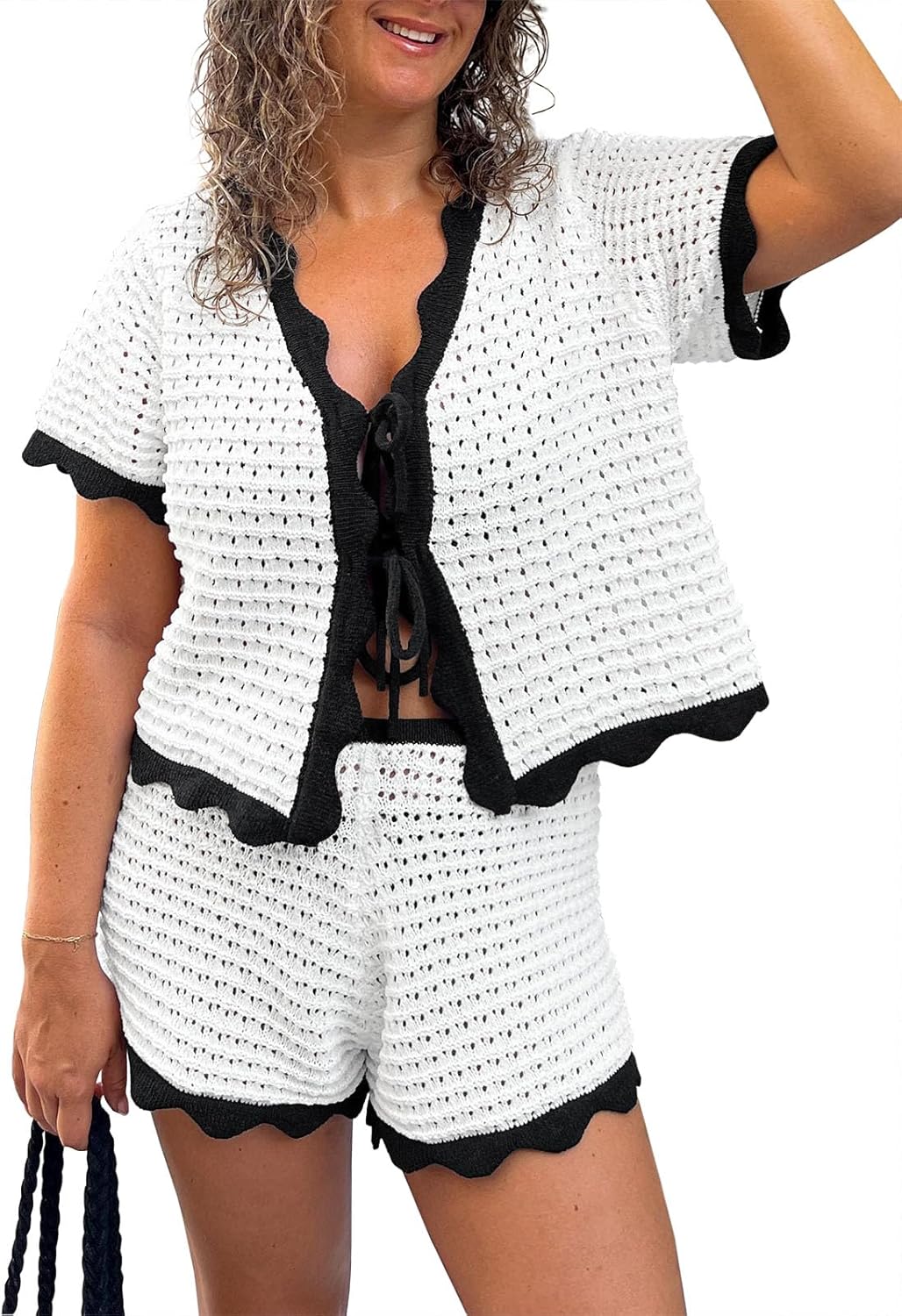 Fisoew Womens 2 Piece Swimsuit Crochet Cover Up Short Sleeve Tops Tie Front Shorts Sets Summer Beach Vacation Outfit