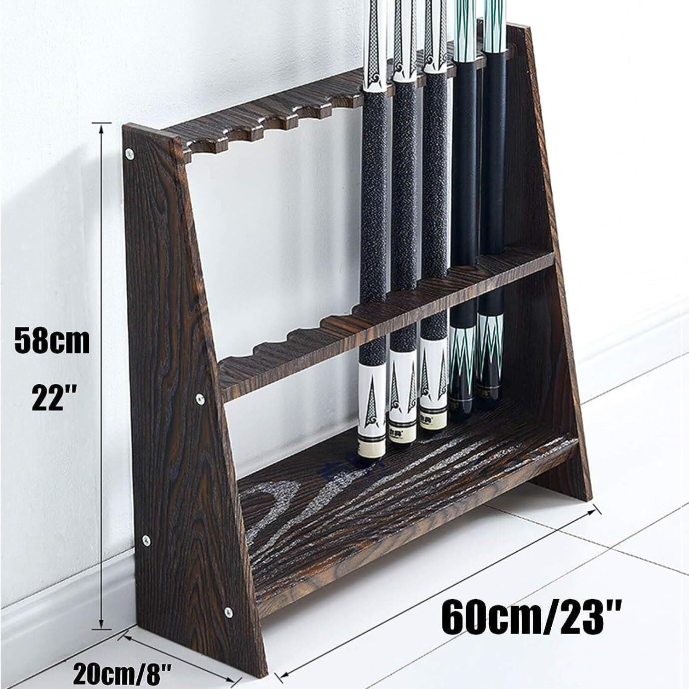 Wooden Floor-Standing Pool Cue Rack, Corner Billiard Stick Holder, Freestanding 10-Cue Storage Stand