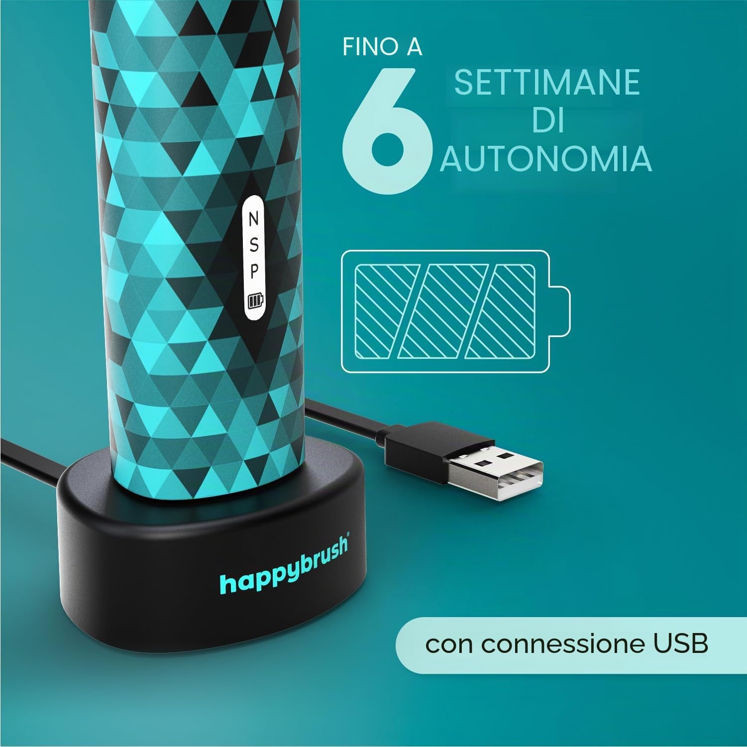 happybrush® Spazzolino elettrico sonico Eco VIBE 3 - Spazzolino sostenibile con batteria ricaricabile che dura 6 settimane, con 3 testine di ricambio e dentifricio - Nero/Menta