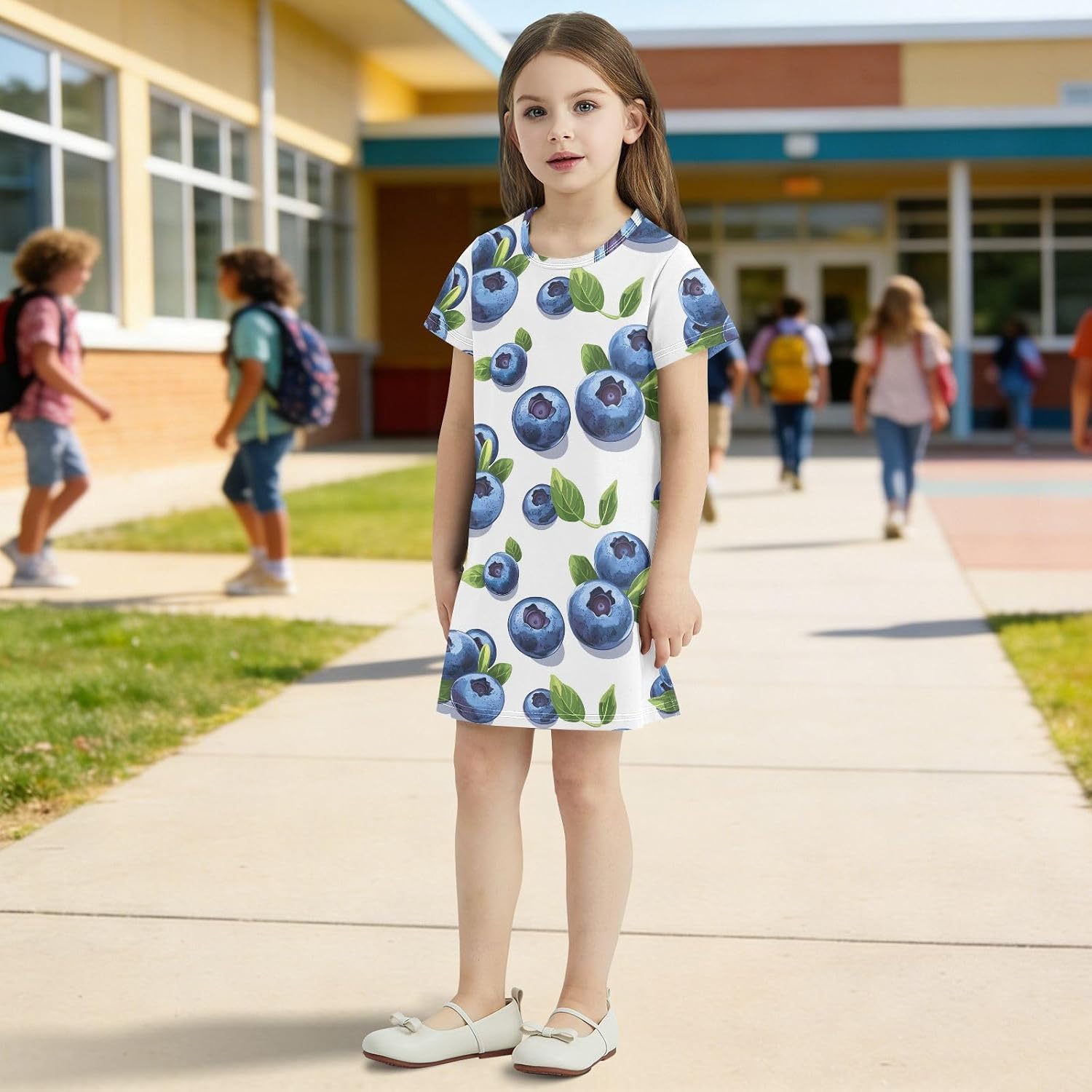 Juicy Blueberry Girls Dresses Summer Dresses for Girls with Cotton Short Sleeves for Casual a Line Dress Size 2-8Y