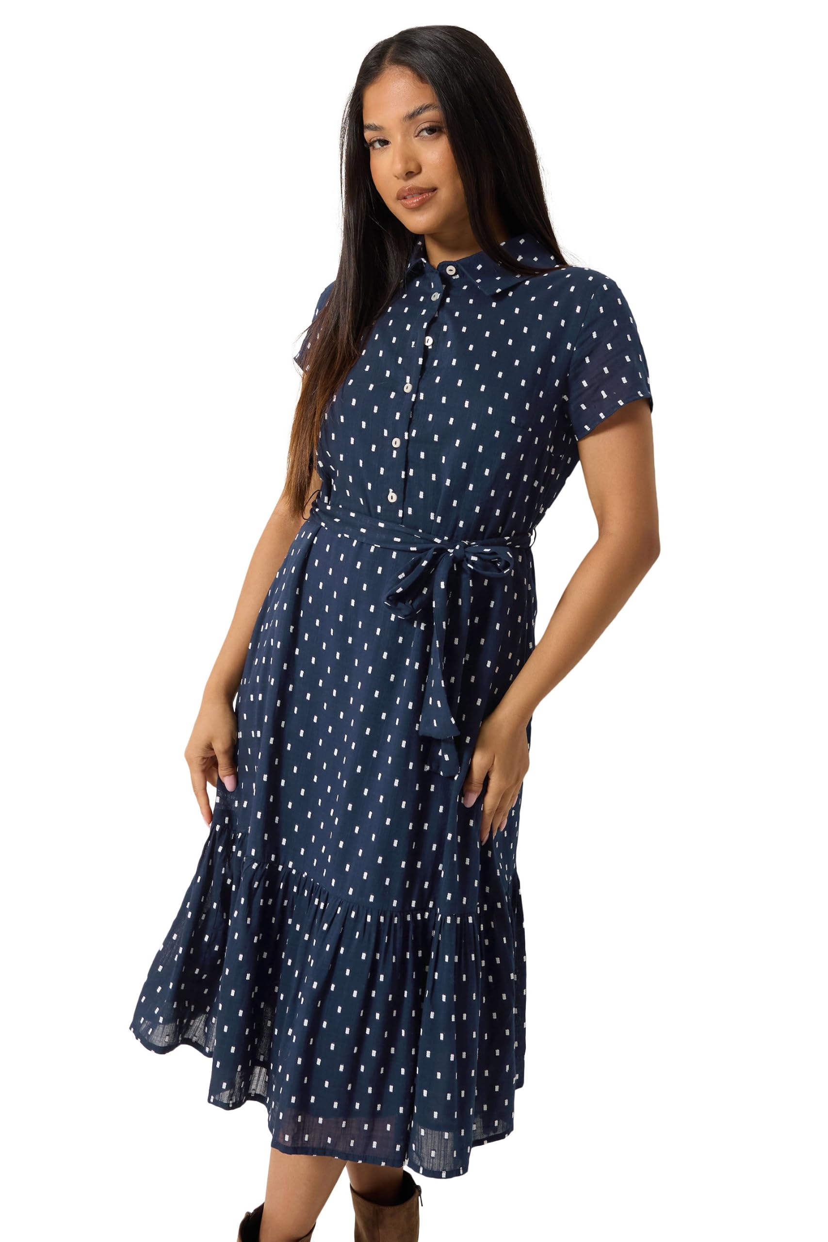 M&Co Women's Dark Navy Petite Dobby Tiered Cotton Shirt Dress In | : Size 14