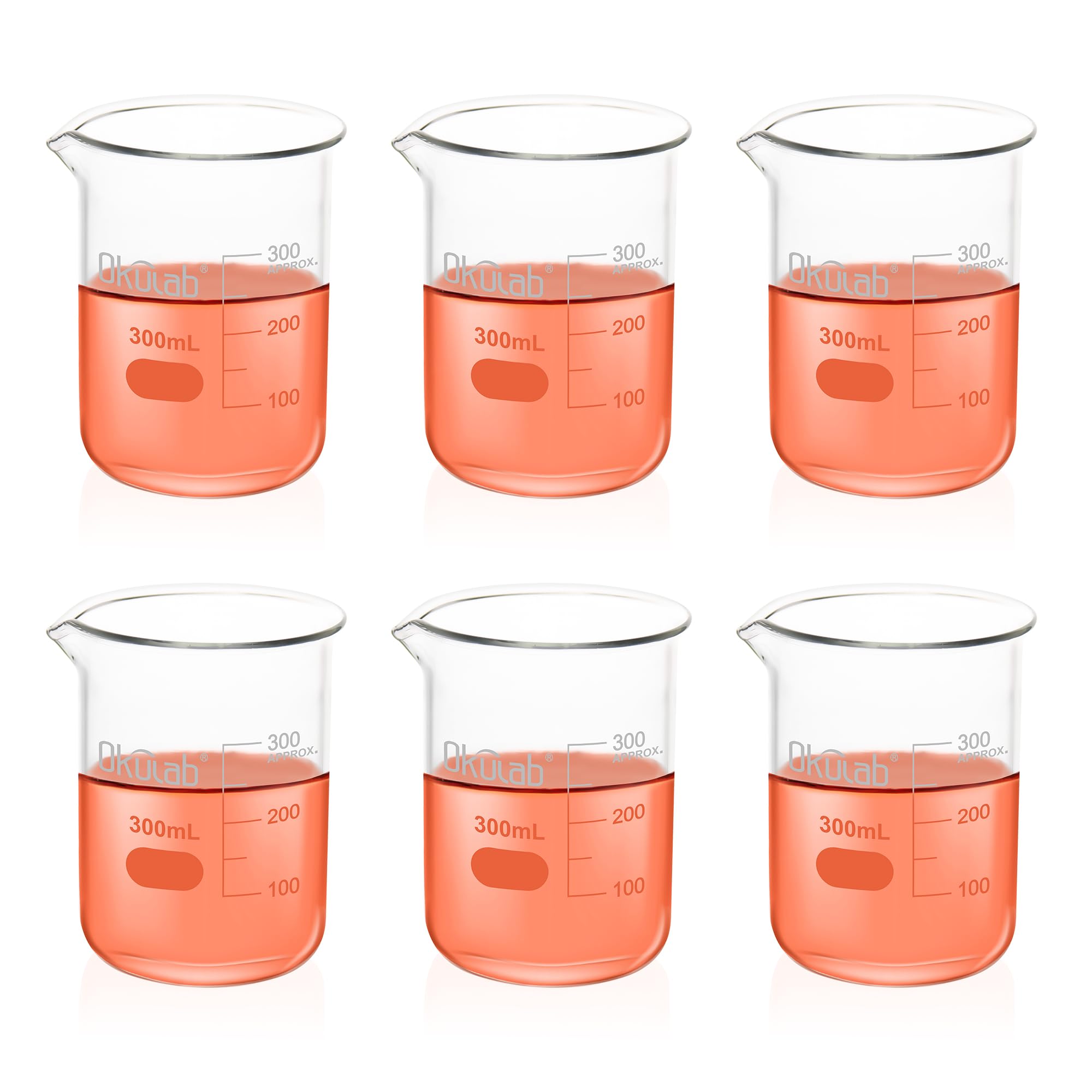 BKLG300A6-X - Juego de 6 vasos de vidrio de 300 ml, vasos de vidrio graduado para laboratorio, aula, manualidades, cocina, BKLG300A6-X