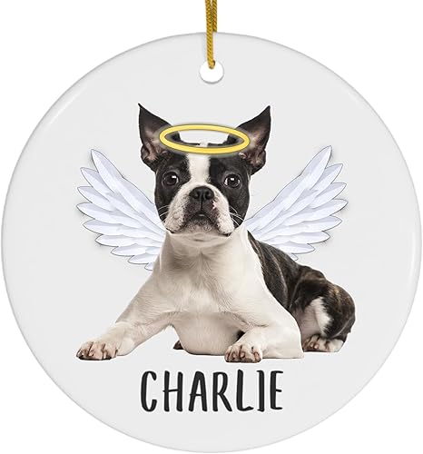 White Brindle - Alas de ángel de bulldog francés, adornos de Navidad personalizados 2025 círculo blanco cerámica cachorro dueño regalos