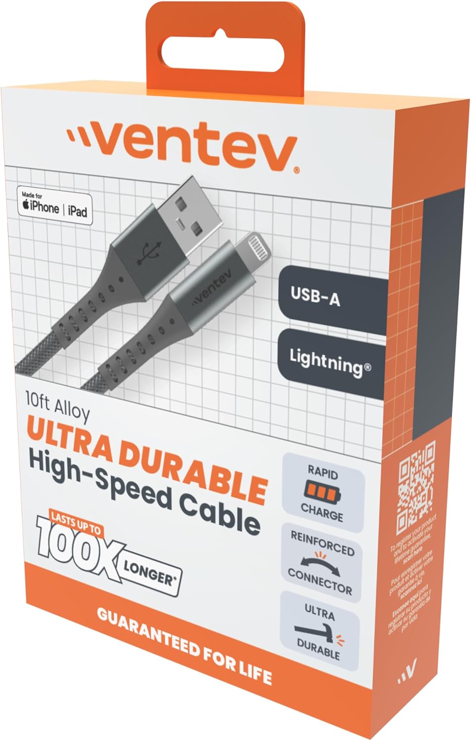 Ventev ChargeSync Apple Lightning Cable | Rapid Charging to 2.4A/12W at Max Rates, Mfi Certified, Brushed Aluminum Housing, No-Fray Durability, Designed for Cases | 10Ft Grey