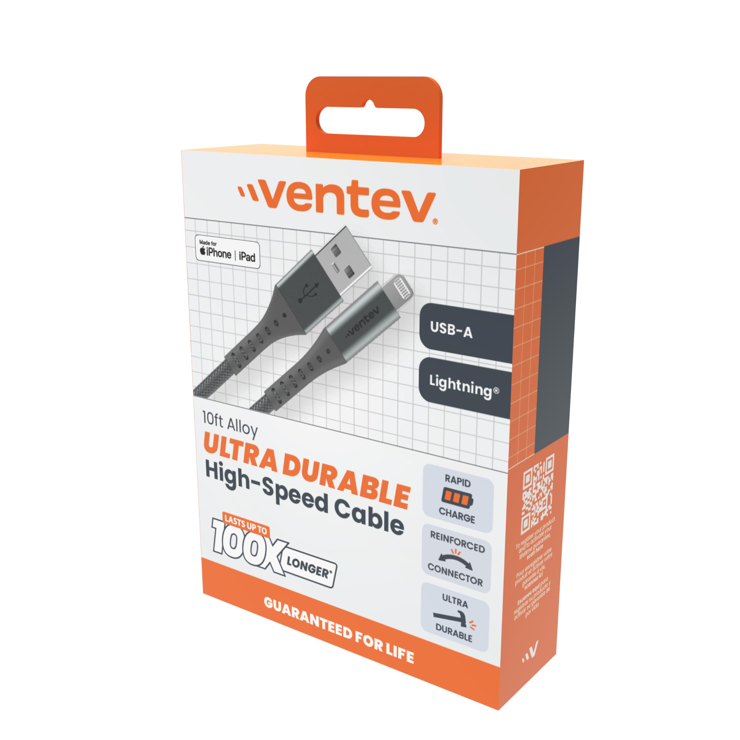 Ventev ChargeSync Apple Lightning Cable | Rapid Charging to 2.4A/12W at Max Rates, Mfi Certified, Brushed Aluminum Housing, No-Fray Durability, Designed for Cases | 10Ft Grey