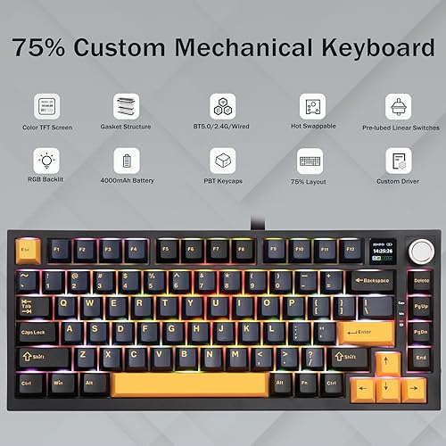 Miniatura 6 de HUO JI Teclado mecánico inalámbrico para juegos, 3 modos, 81 teclas, pantalla a color, estructura de junta retroiluminada RGB, batería de 4000 mAh,