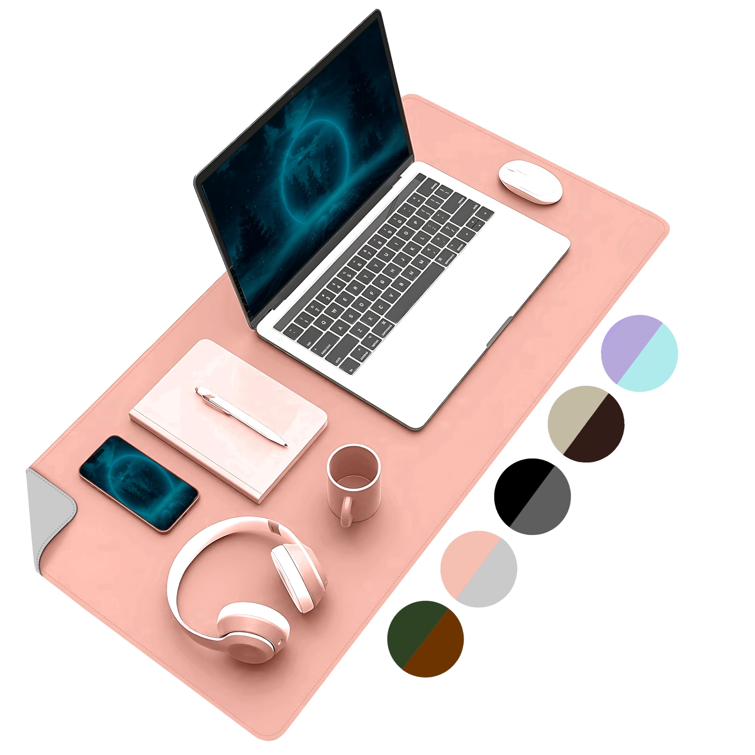 Klasse Çift Renk Dikişli PU Deri Masa Matı 80x40 Cm Mousepad, Su Geçirmez Masa Sümeni, Çift Taraflı Kullanım, Dizüstü Bilgisayar/Ofis/Ev için, Kaymaz Taban (Pembe Ve Gri)