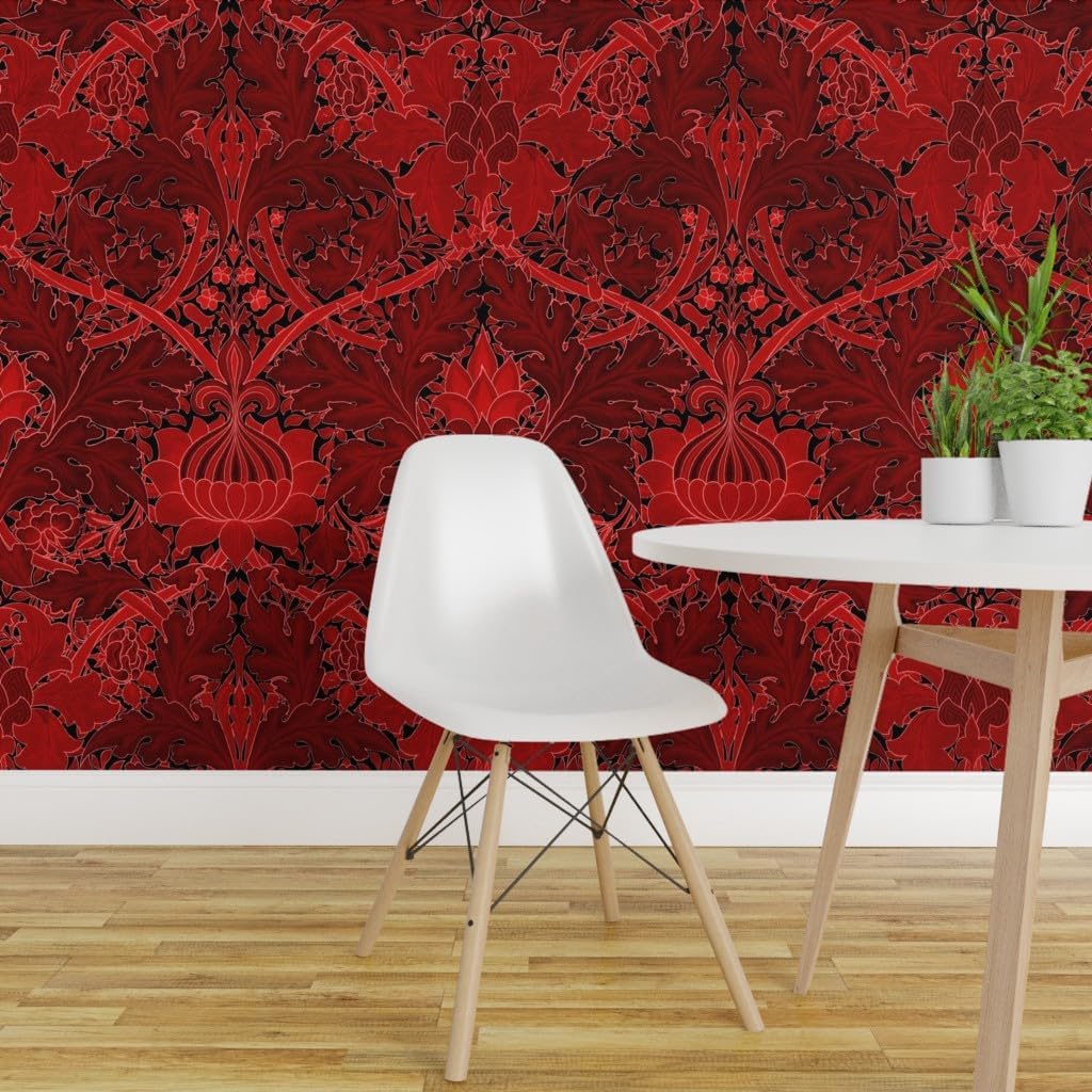 Removable Wallpaper 6ft x 2ft - Damask Red Black Art Nouveau Victorian Floral Custom Pre-Pasted Wallpaper by Spoonflower
