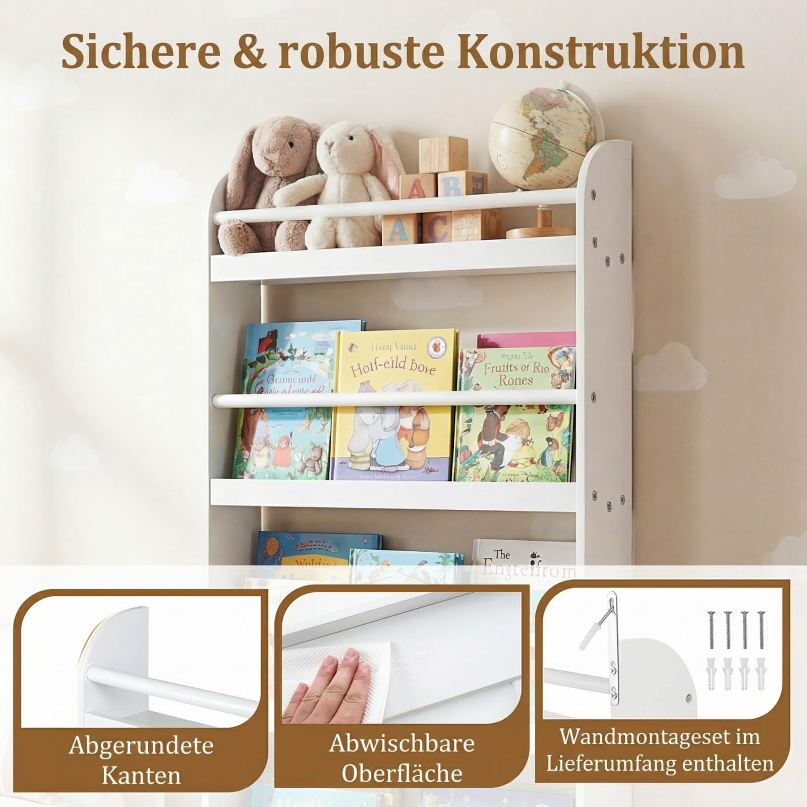 COSTWAY Bücherregal für Kinder, Kinderregal mit 4 Ablagen, Wandregal aus Holz für Spielzeug & Bücher, schmales Montessori Aufbewahrungsregal für Kinderzimmer, Leseecke, 56 x 12 x 107 cm (Weiß)