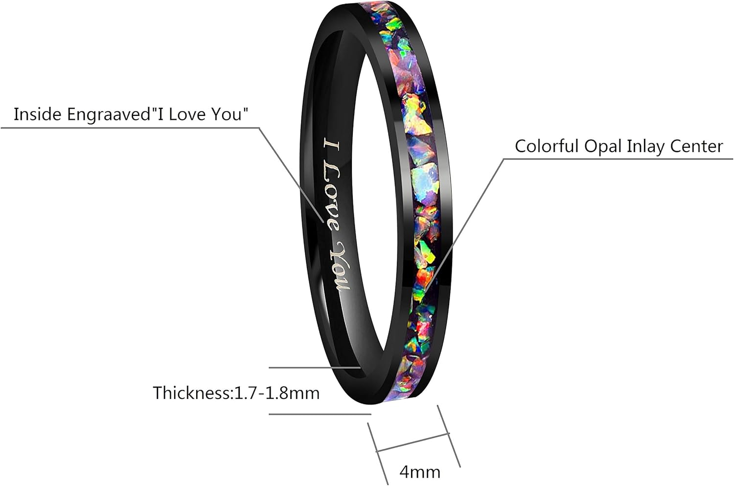 CROWNAL 4mm 8mm Handmade Genuine Crushed Fire Opal Balck Tungsten Carbide Men Women Wedding Band With Koa Wood Inlay Engraved I Love You Size 7 To 17