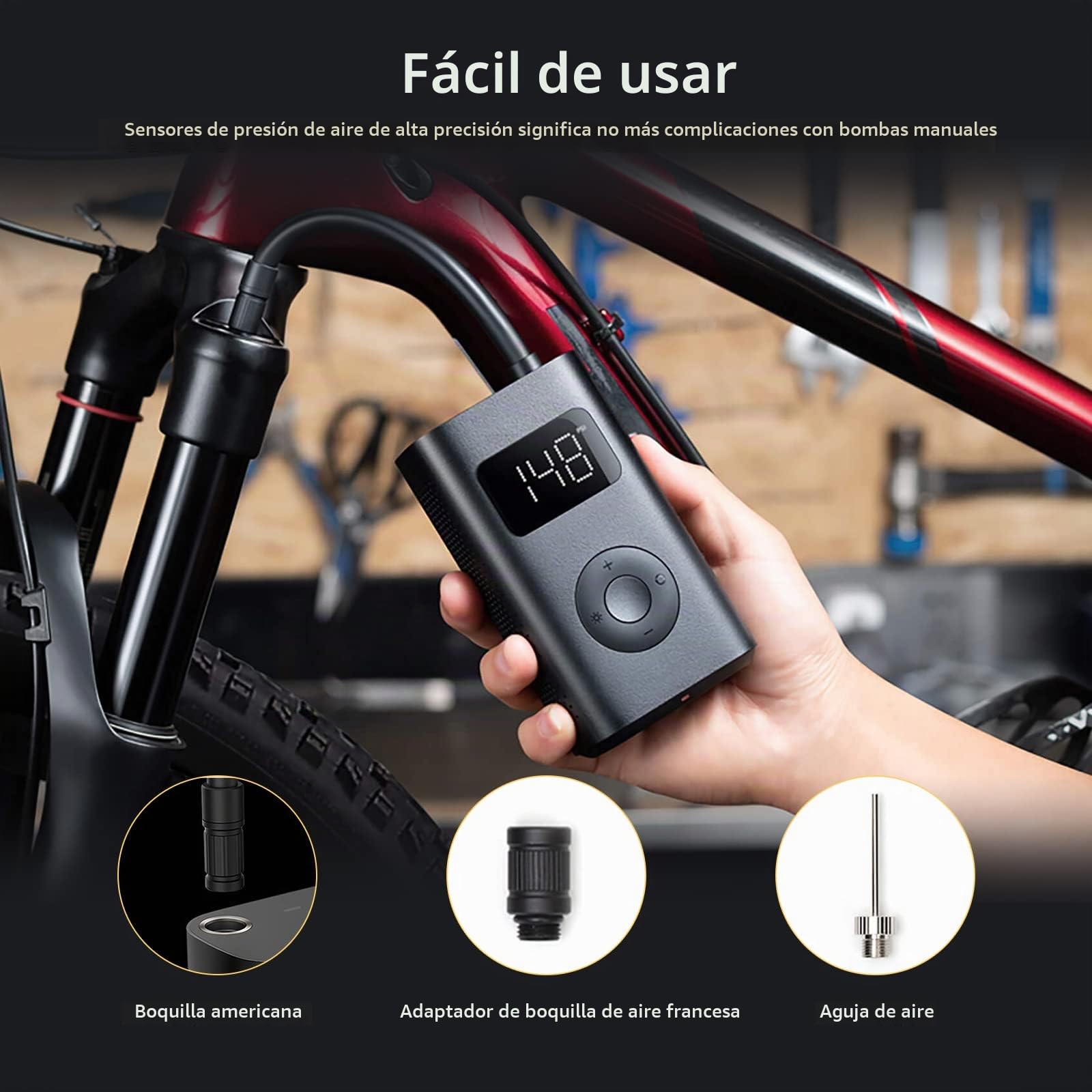XIAOMI Mijia Bomba de Aire Portátil 1S, Luci a LED 2000mAh 150PSI, Mini Compressore d'Aria Portatile con Sensore di Pressione LED per Auto, Bicicletta, Moto, Palla, Bici, Palloni, Nero