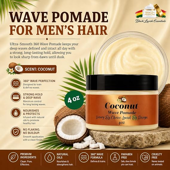 Ultra-Smooth 360 Wave Pomade, 4oz Coconut Hair Butter, Strong Hold Non-Greasy Hair Styling Cream for Deep Waves, Shea and Mango Butter Natural (Coconut 360 Pomade, 4oz)