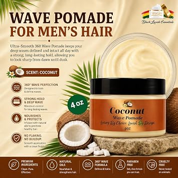 Ultra-Smooth 360 Wave Pomade, 4oz Coconut Hair Butter, Strong Hold Non-Greasy Hair Styling Cream for Deep Waves, Shea and Mango Butter Natural (Coconut 360 Pomade, 4oz)