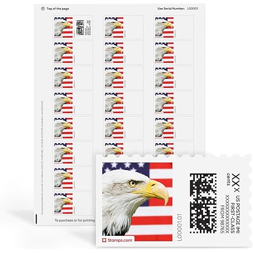 NetStamps Printable Postage Labels (Stamps.com Subscription Required) - Print Approved Postage - Inkjet & Laser Printers - Business, Personal, Home (Bald Eagle, 10 Sheets)