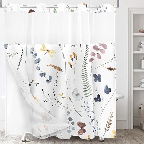 Miniatura 3 de Cortina de ducha floral sin gancho con forro a presión, bonitas flores de mariposa sin gancho, juego de cortinas de ducha de tela para baño, cortina