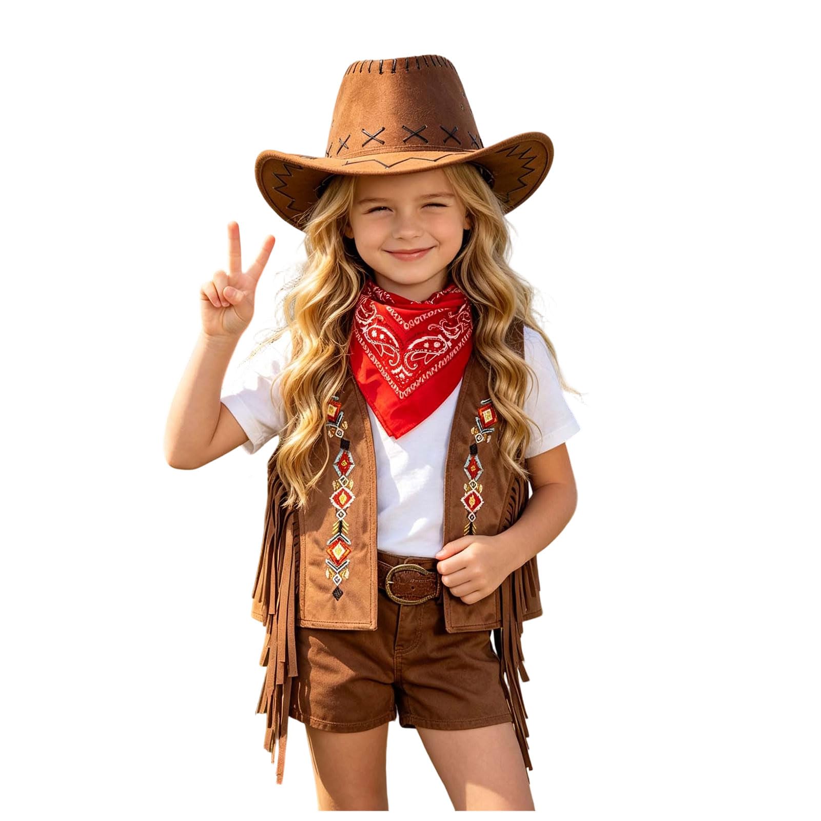 Kids Girls Cowgirl Costume Western Outfit, Fancy Dress Cosplay with Hat Bandana for Halloween Party Birthday Carnival Festival Performance Light Pink