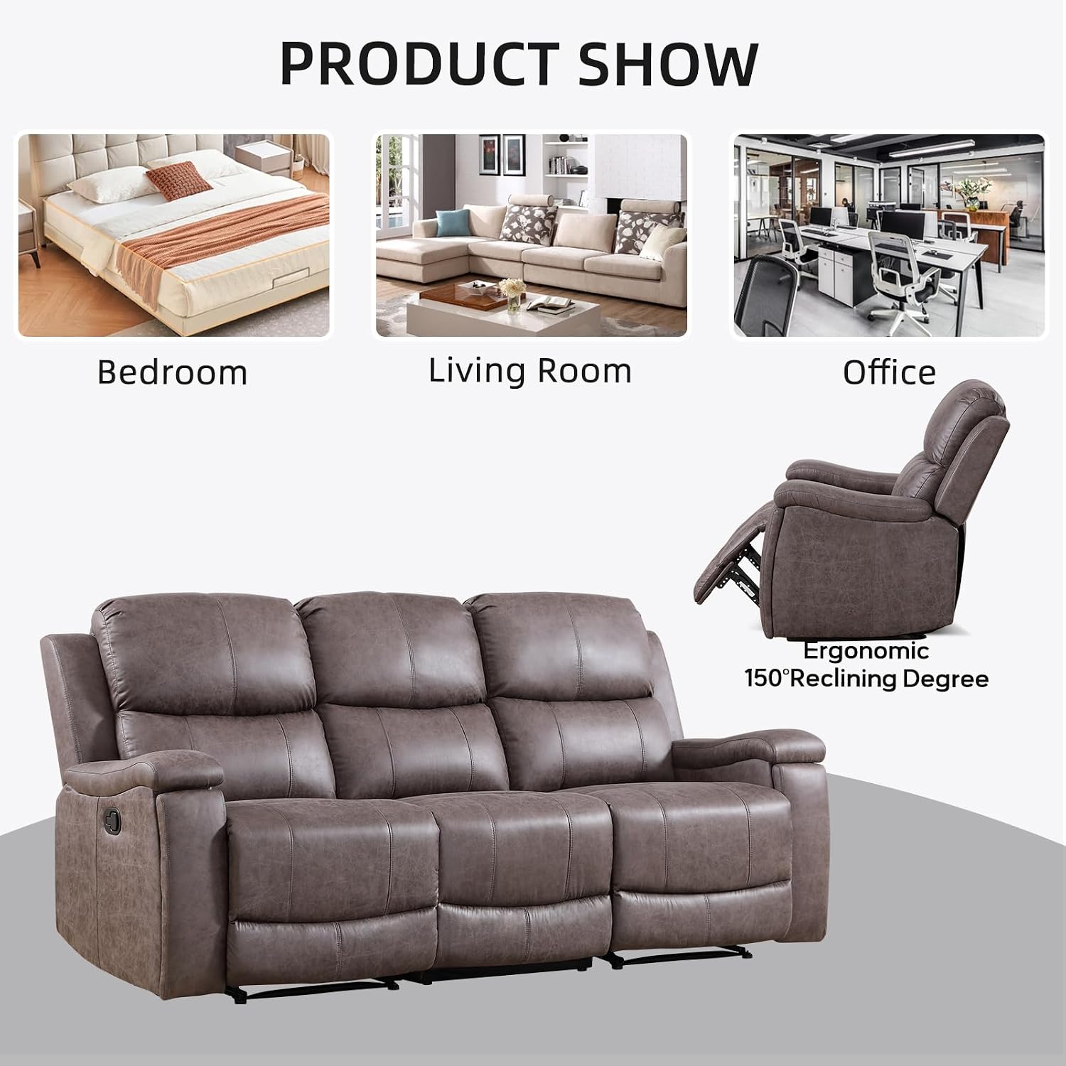 EBELLO Faux Leather Manual Reclining Couch Furniture Set for Living Room, Recliner Chair, with Cup Holders, 3 Seat Reclining Sofa Set for Meeting Room, Grey (Recliner+Sofa)
