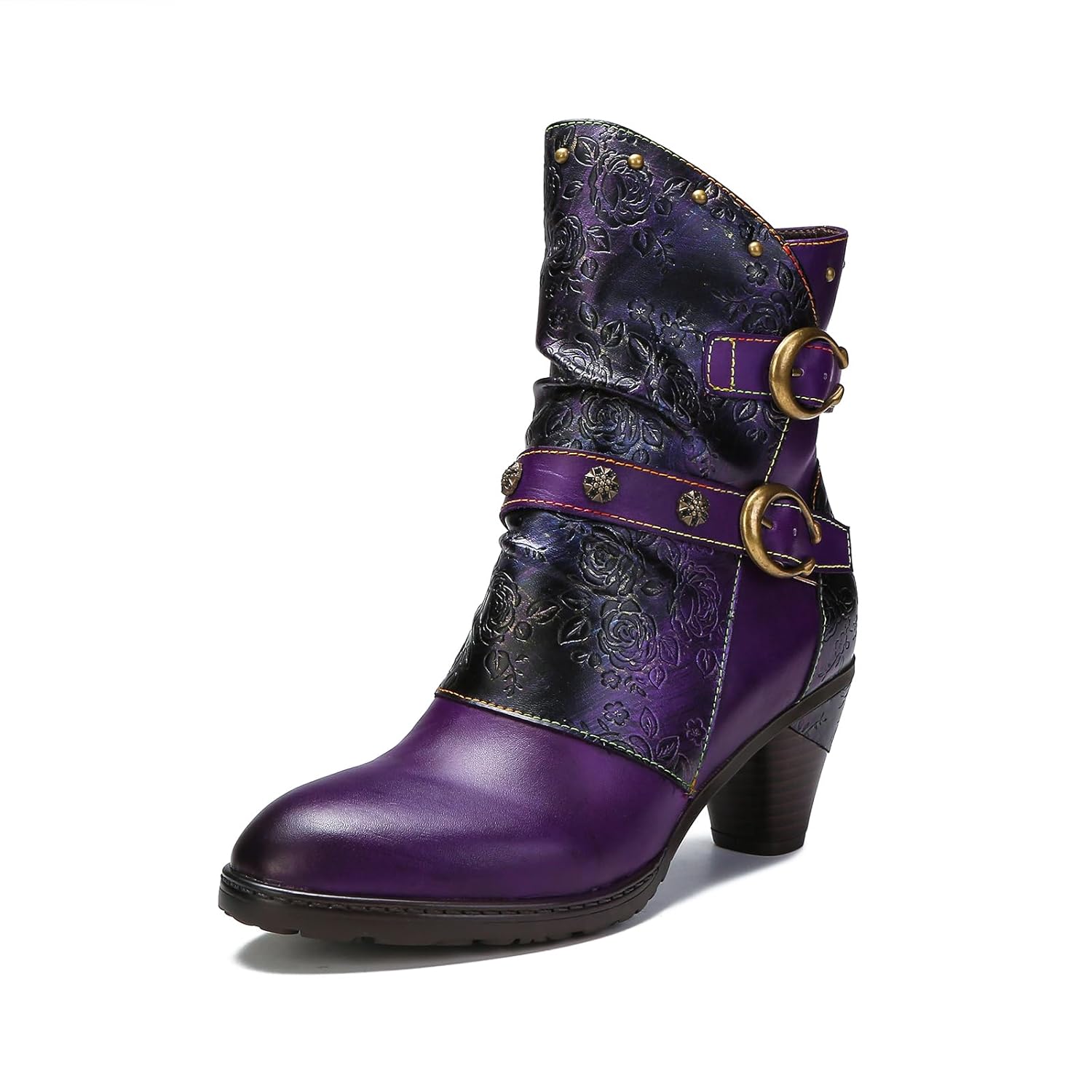 Superladystars Hand Painted Genuine Leather Clasp Womens Ankle Boots Hand-Embossed Retro Style Ethnic Style