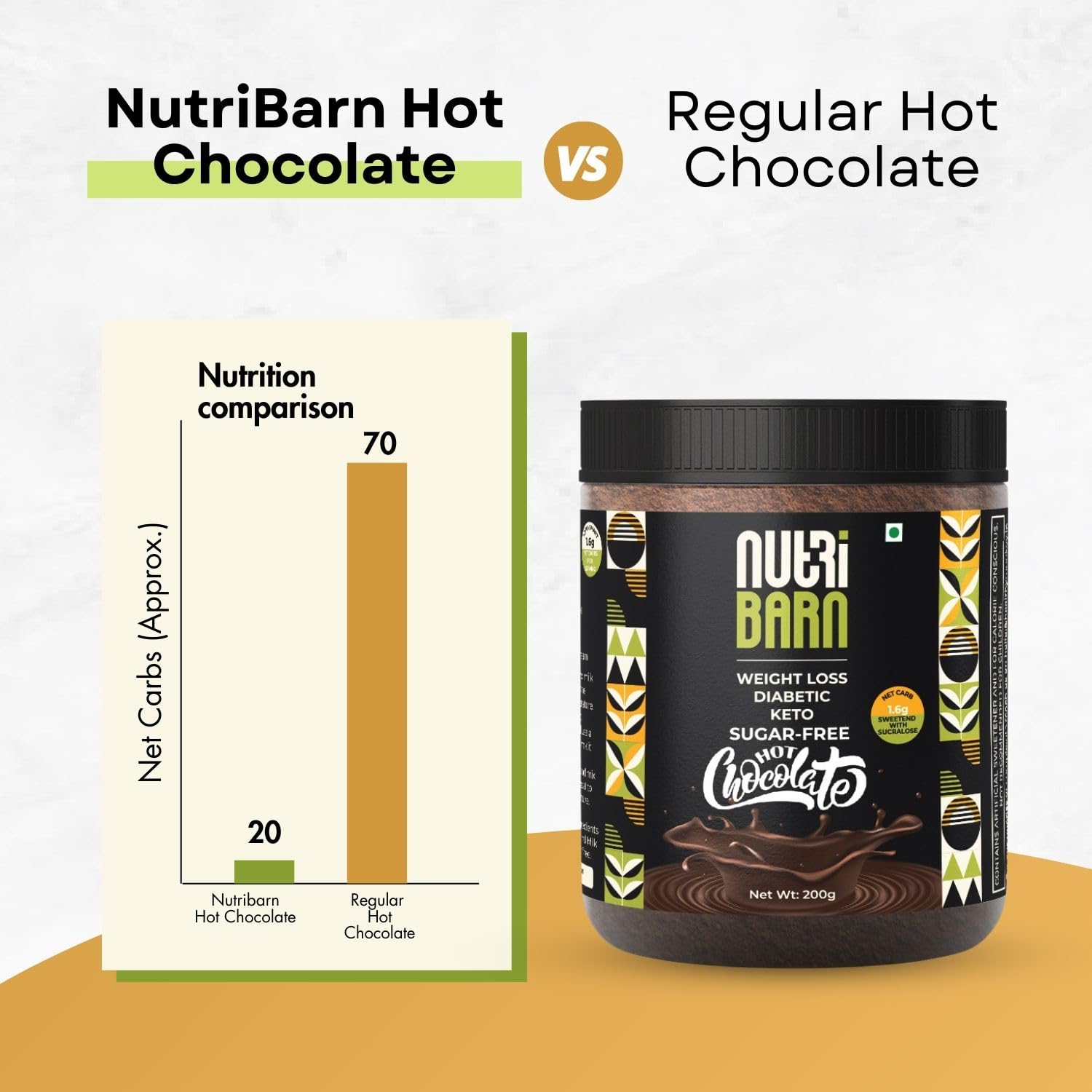 Nutribarn Sugar-Free Hot Chocolate Mix 200g. 1.6g Net Carb. Zero added Sugar, Low Carb, Low Calorie. Sweetened with Sucralose. 2