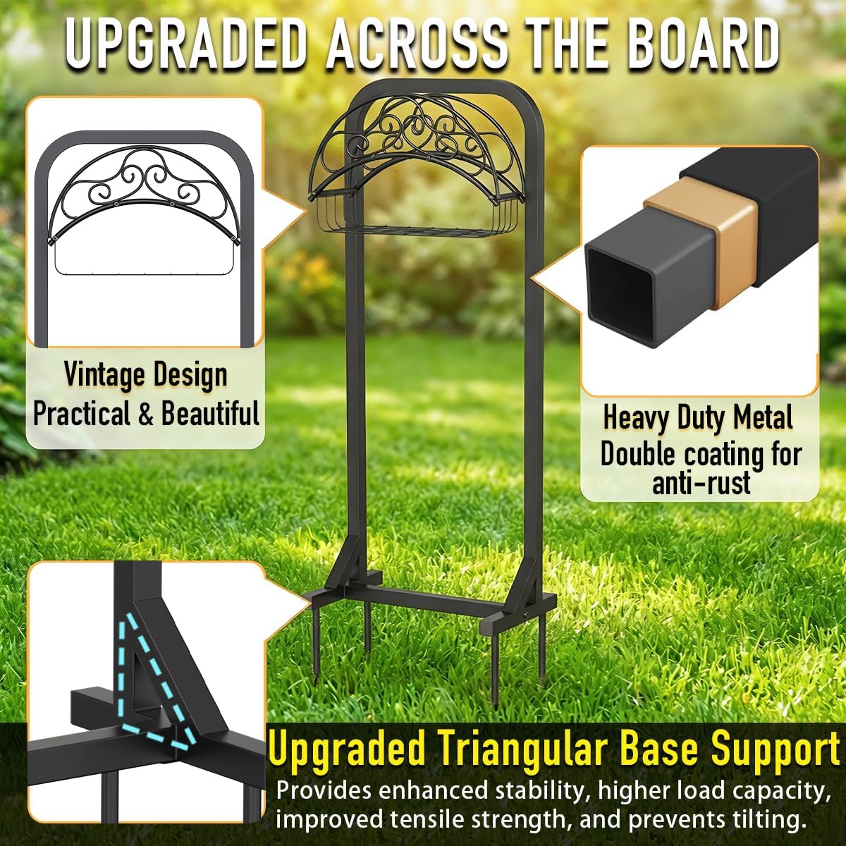 Garden Hose Holder with Storage Basket, Heavy Duty Freestanding Hose Stand with Triangular Base, Holds 160 ft, Metal Hanger for Outside Yard Lawn, Black