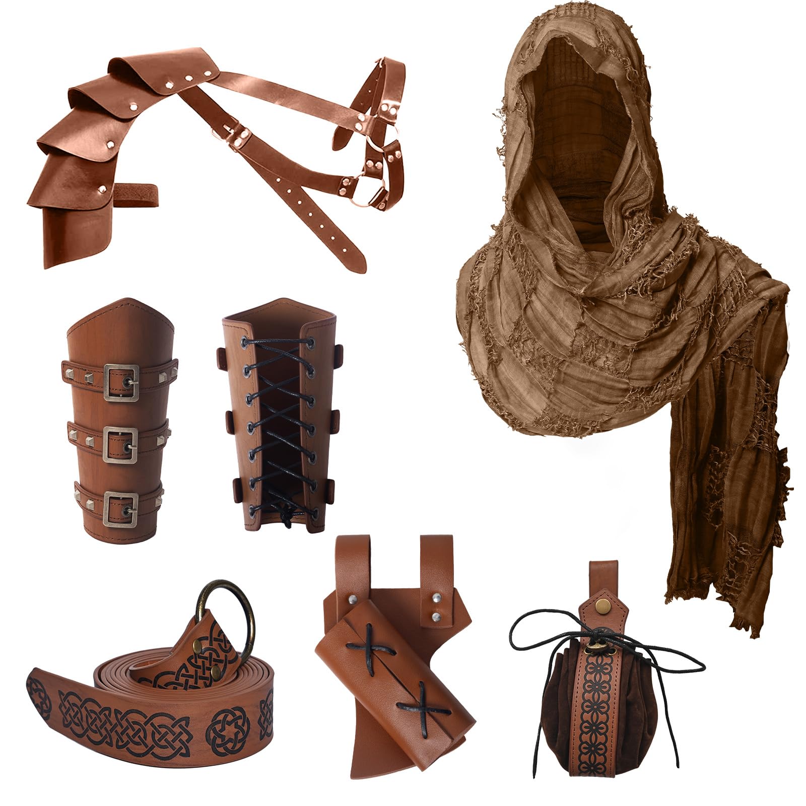 Juego de accesorios de caballero medieval para hombres y mujeres, kit de disfraz renacentista de 6 piezas: cinturón, bufanda, brazos, armadura de hombro, bolsa, rana espada, pines (estilo