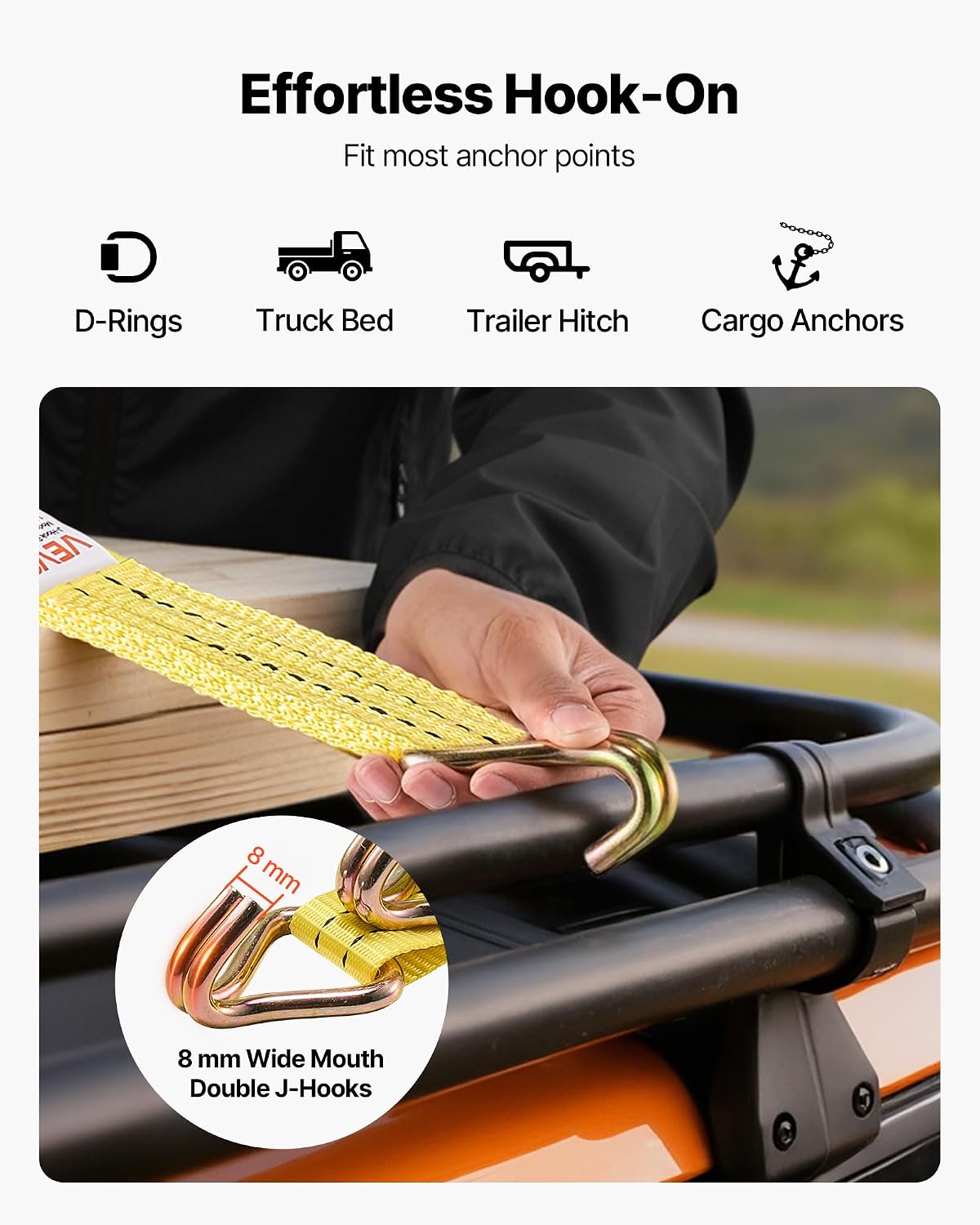 VEVOR Ratchet Strap 3.8cm x 6m Lashing Strap Set of 4 Loading Straps for Moving Trailer Motorcycles Kayaks Roof Car with Double J Hook Break Resistance 2000kg image 5