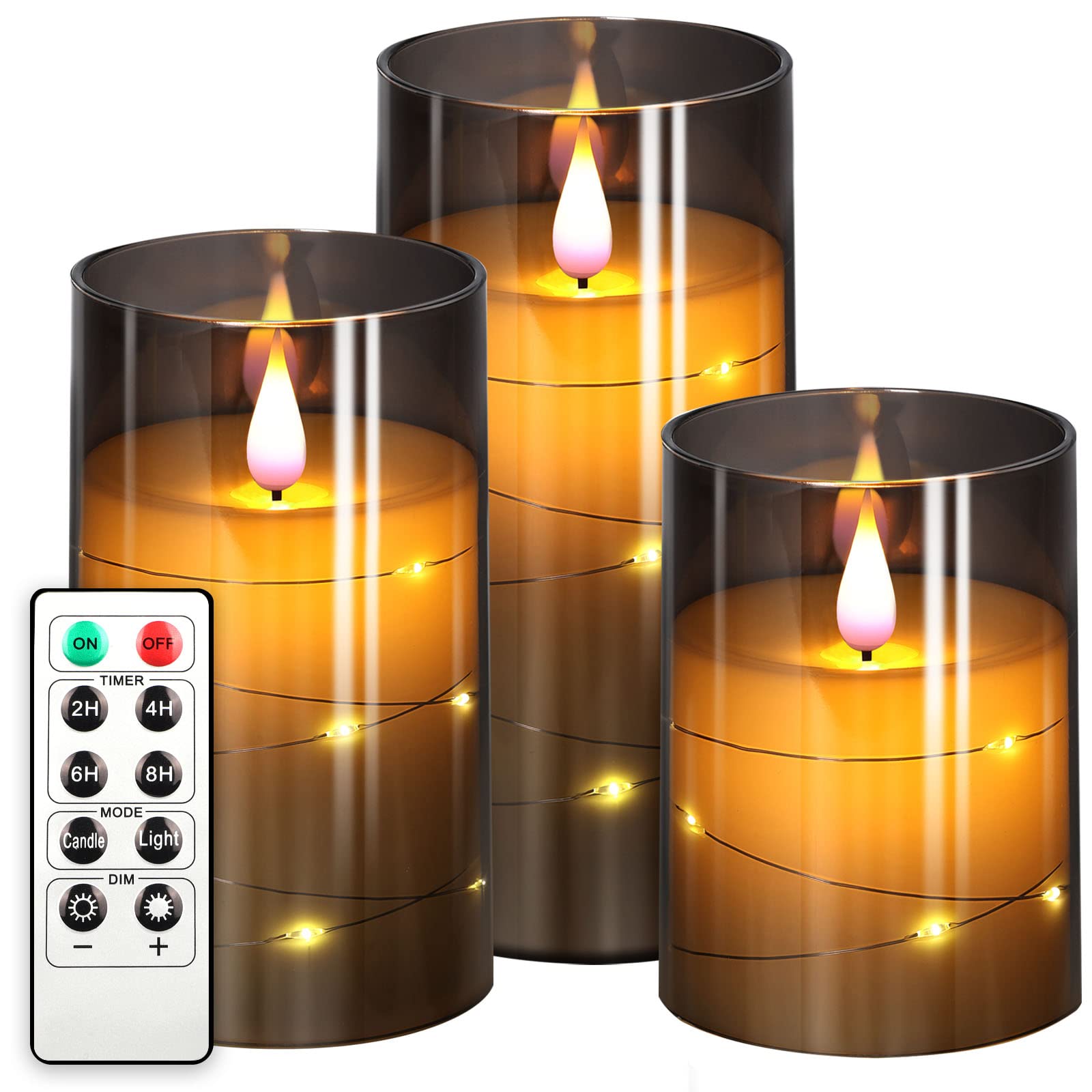 NURADA Flickering Flameless Candles: Built-in Star String Lights Unbreakable 3D Wick Acrylic Battery Operated LED Pillar Candles - Battery Candles with Remote and Timer 3 Pack Gray 4''x5''x6 SIMILAR TO LOT PHOTO 